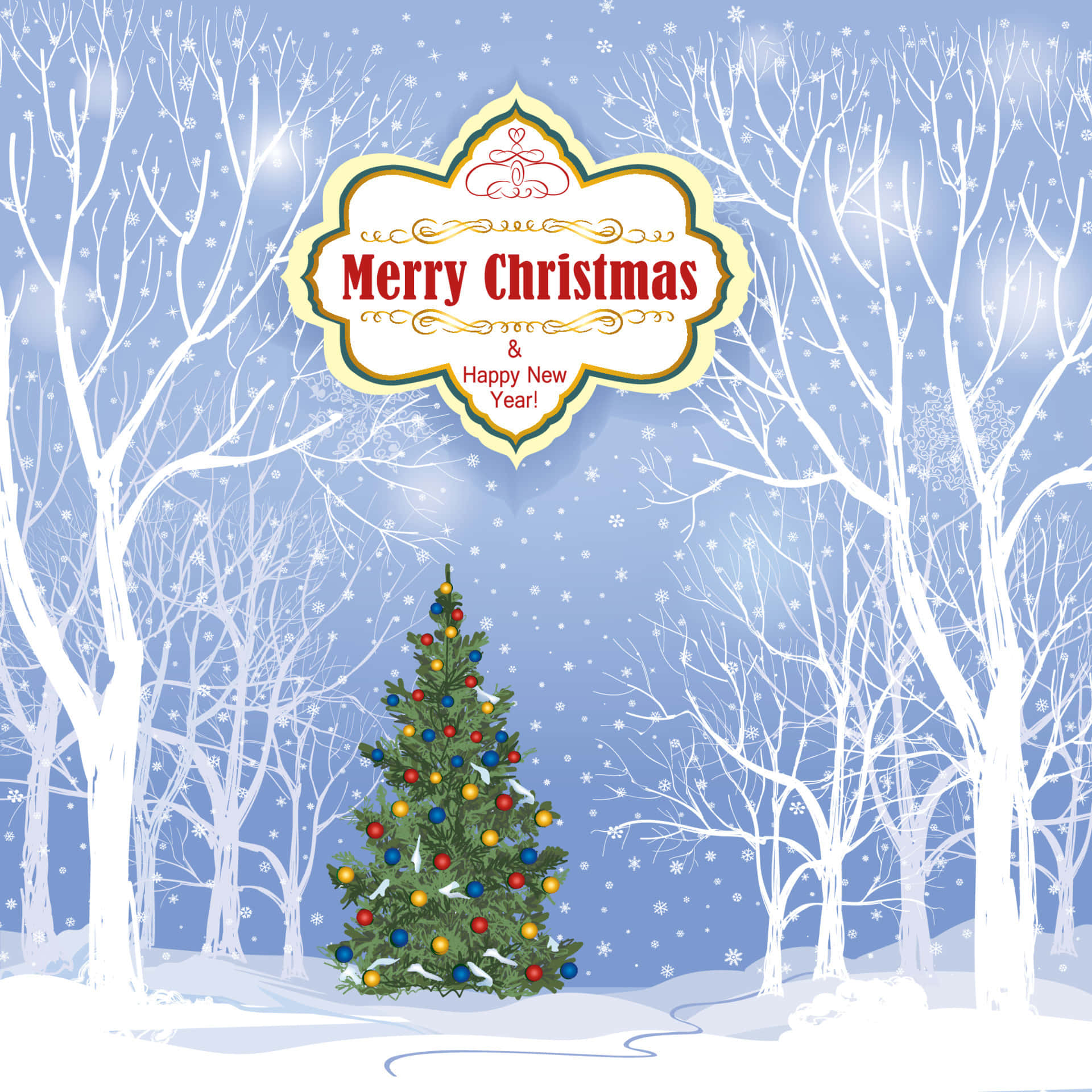 3d Christmas 桌布 壁紙 — 一棵節日聖誕樹裝飾著色彩繽紛的飾物，矗立在白雪皚皚的冬季森林中，雪花飄落，上方有「聖誕快樂 & 新年快樂」的標語。