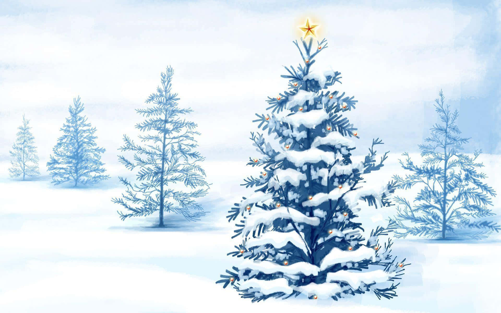 Snowy Christmas 桌布 壁紙 — 一棵被雪覆蓋的聖誕樹，裝飾著閃爍的燈光和星星，矗立在寧靜的冬季森林中，天空柔和湛藍。