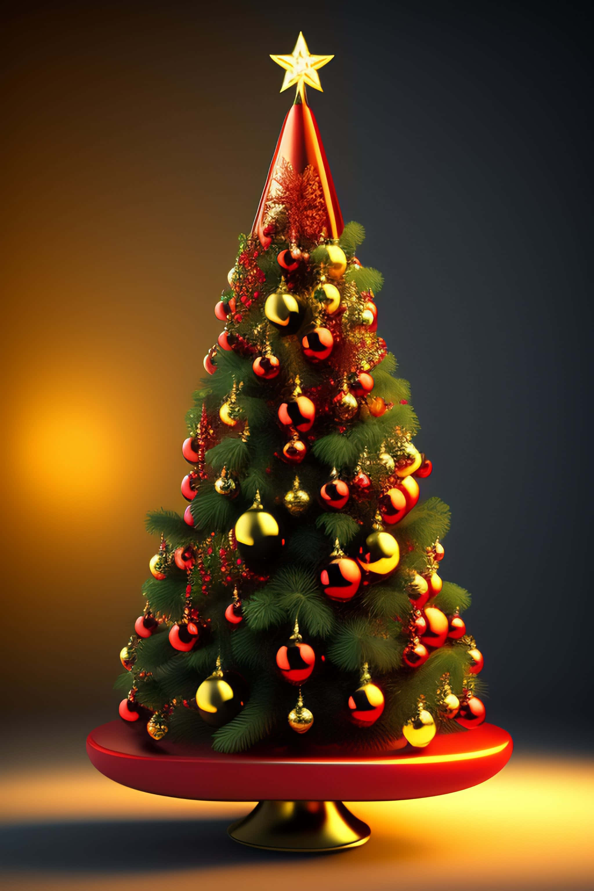 3d Christmas 桌布 壁紙 — 一棵裝飾華麗的聖誕樹，掛滿紅色和金色的裝飾品，優雅地立在紅色底座上，背景是溫暖的漸變色。