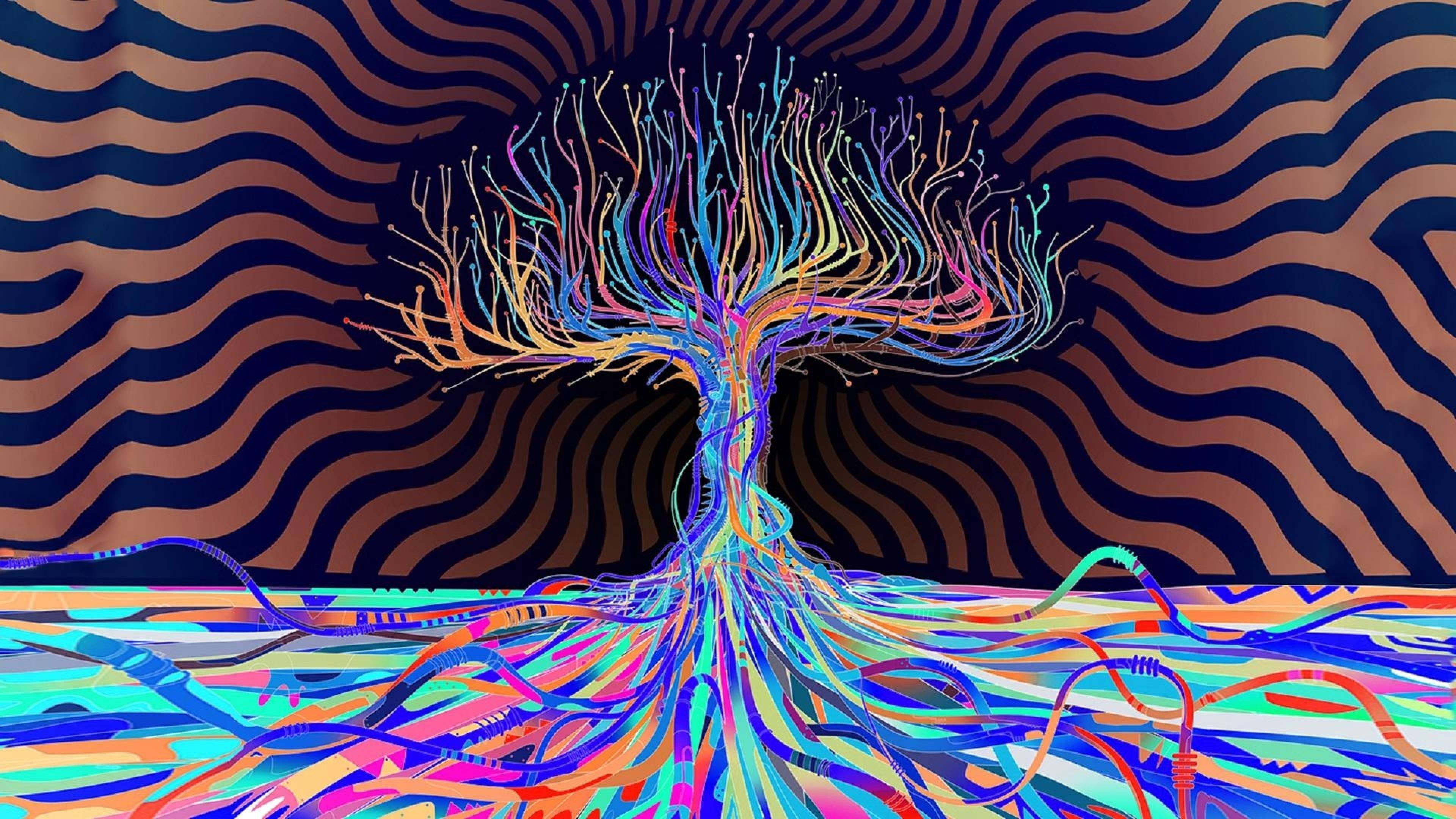 抽象 桌布 壁紙 — 一棵迷幻樹，帶有霓虹燈般的根和枝條，在催眠般的波浪條紋背景中生長。