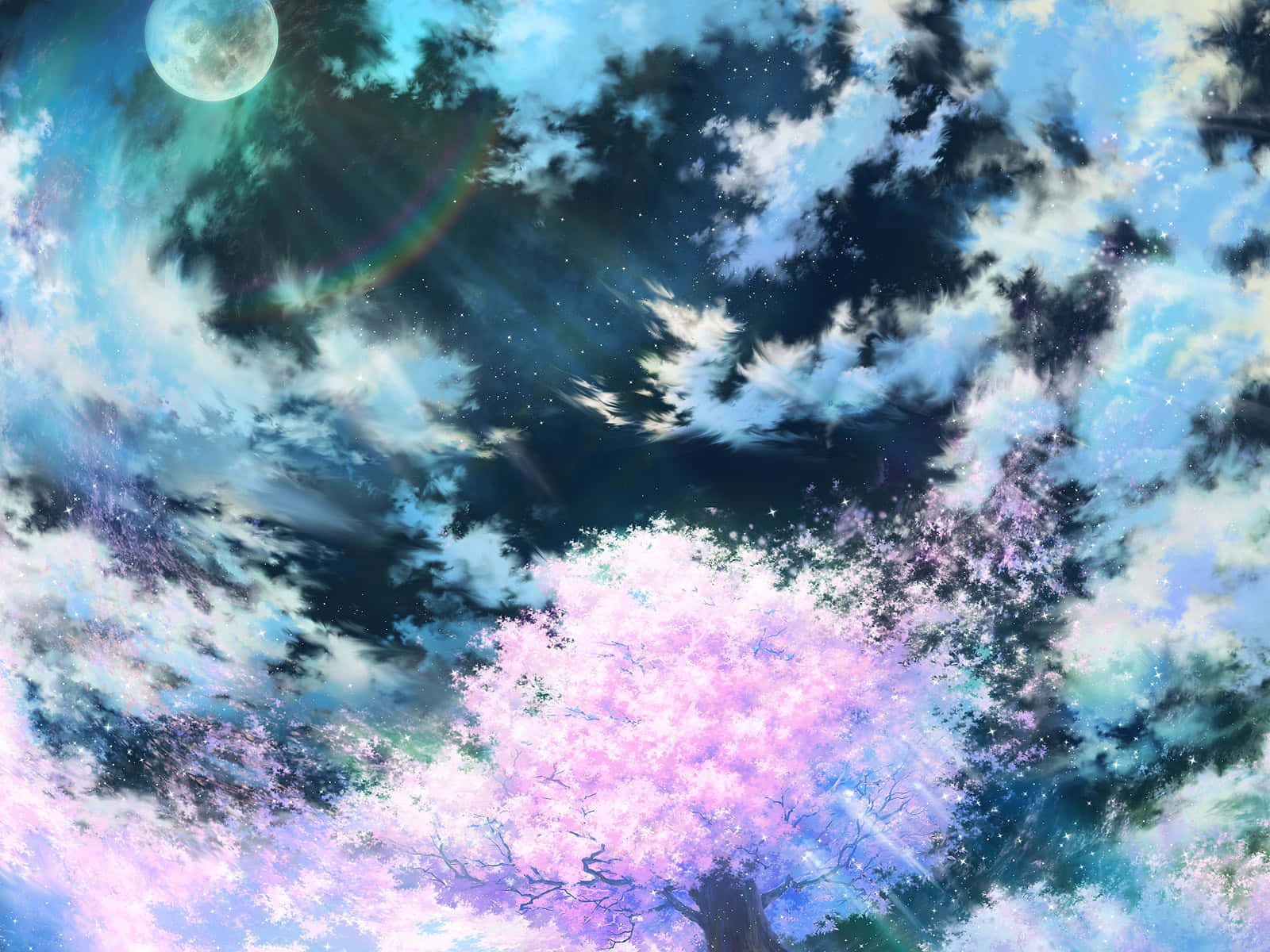 一棵開滿粉紅色花朵的樹，天空中有雲朵 壁紙