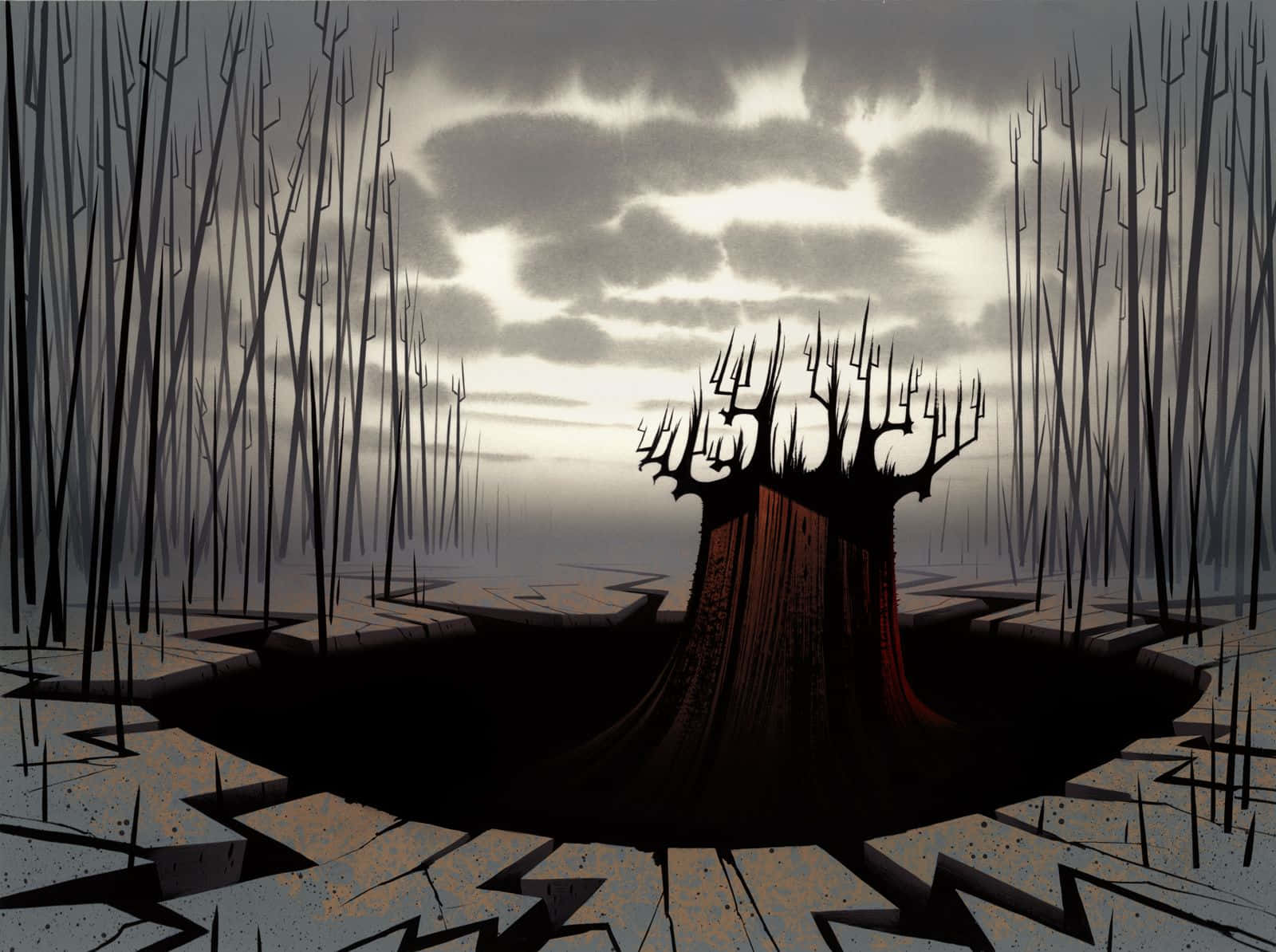 samurai jack 桌布 壁紙 — 一棵陰暗、風格化的樹木，帶有鋸齒狀的樹枝，從龜裂的大地中升起，天空陰沉。