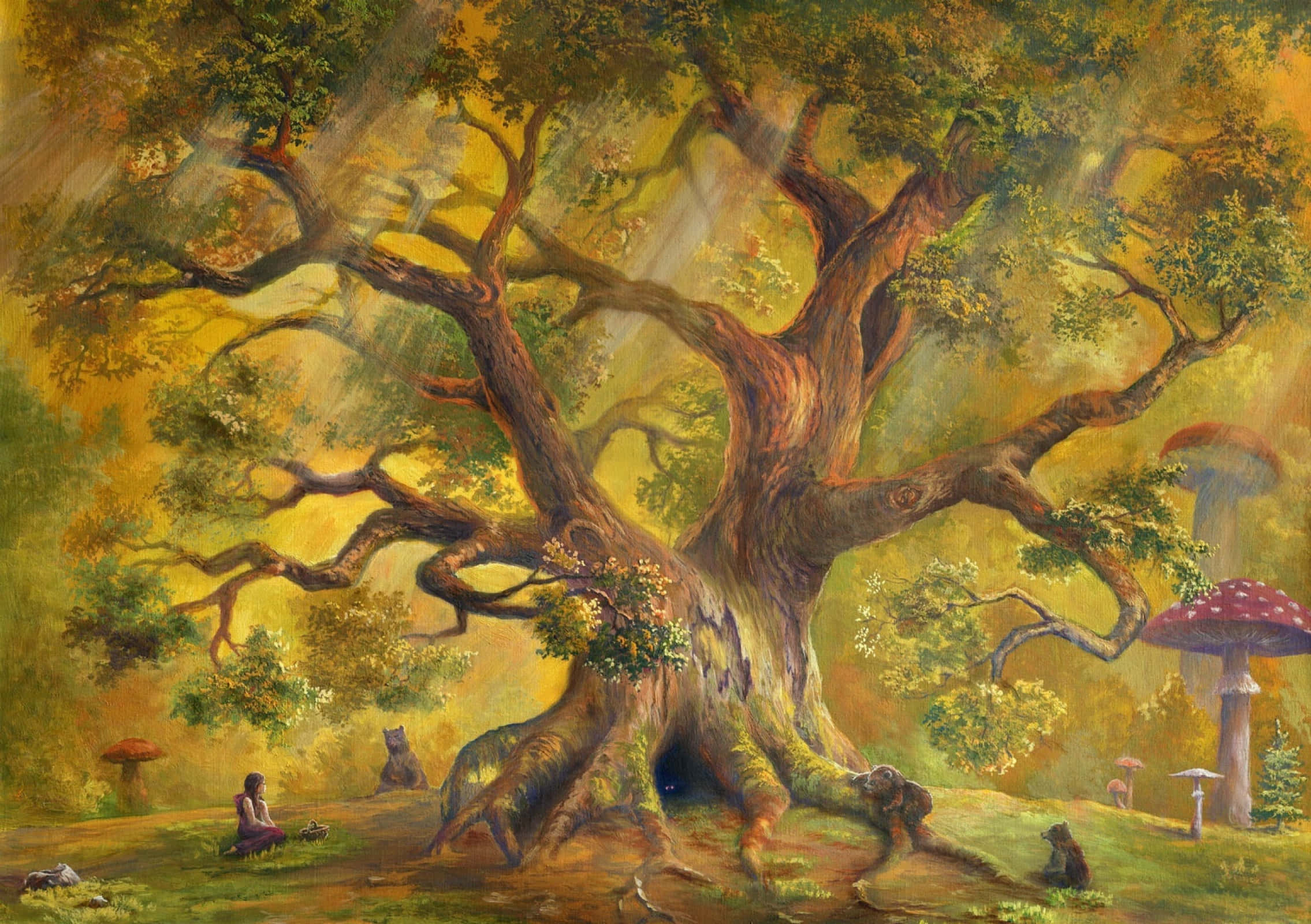 Magical Forest 桌布 壁紙 — 一棵雄偉的古樹，樹根蔓延，金黃色的樹葉沐浴在溫暖的陽光中，陽光穿過樹枝照射在神秘的森林中。