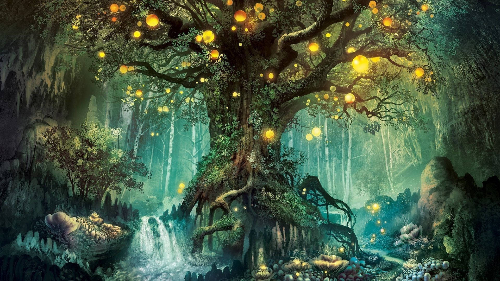 magical 桌布 壁紙 — 一棵雄偉的古樹帶有發光的球體，點綴著一個神秘的森林洞穴，瀑布從長滿苔蘚的岩石間傾瀉而下。