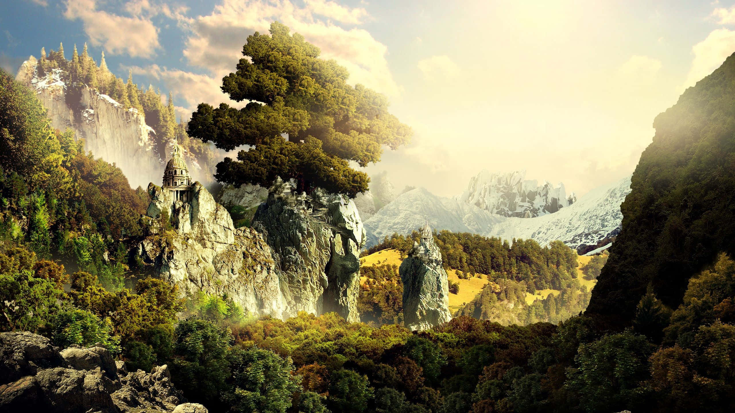 3d Landscape 桌布 壁紙 — 一棵雄偉的古樹矗立在陽光普照的山谷中的岩石露頭上，周圍環繞著白雪覆蓋的山脈和茂密的森林。