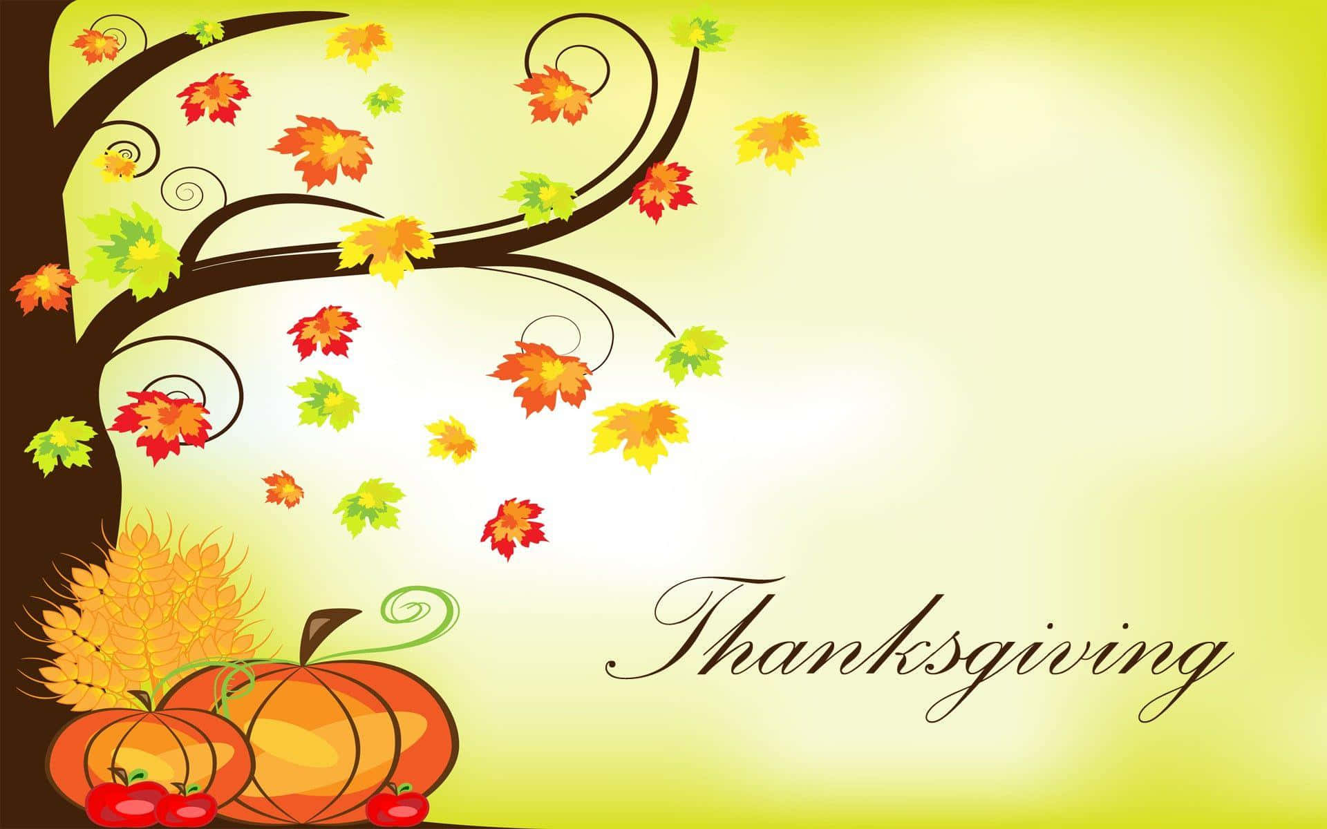 Happy Thanksgiving 桌布 壁紙 — 一棵風格化的秋樹，帶有旋轉的樹枝和落葉，框住了南瓜、蘋果和小麥，背景是柔和的黃色漸變，並以優雅的手寫字體寫上感恩節字樣。