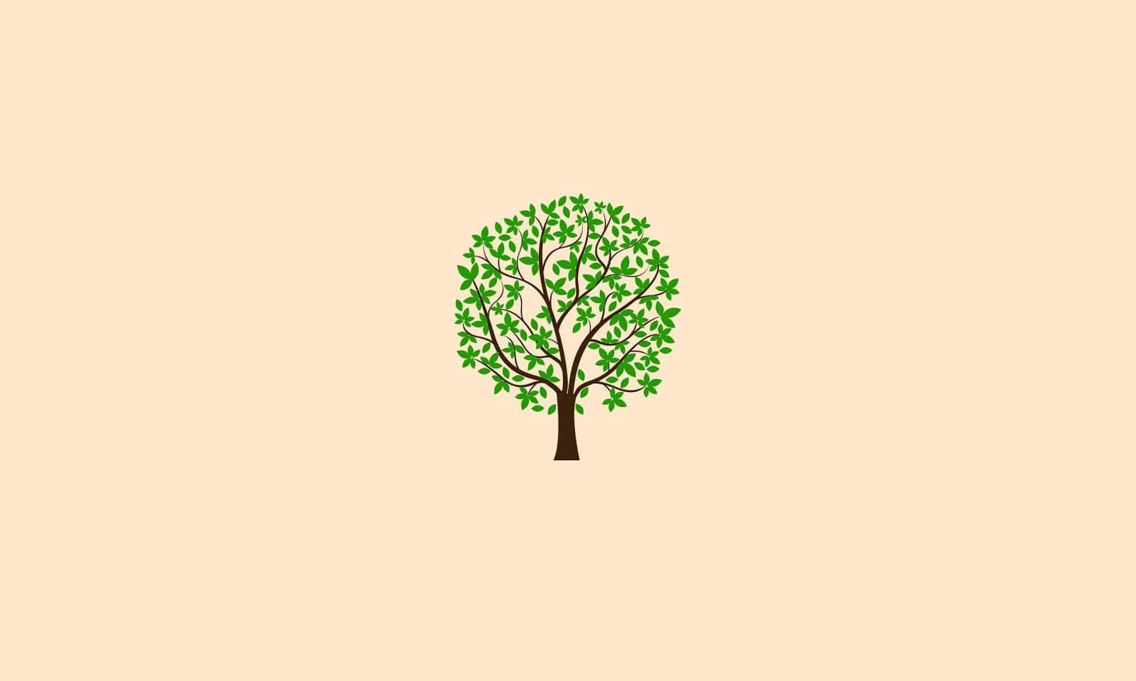 Beautiful Minimalist 桌布 壁紙 — 一棵風格化的綠色樹木，帶有棕色樹枝，在柔和的桃色背景中居中。