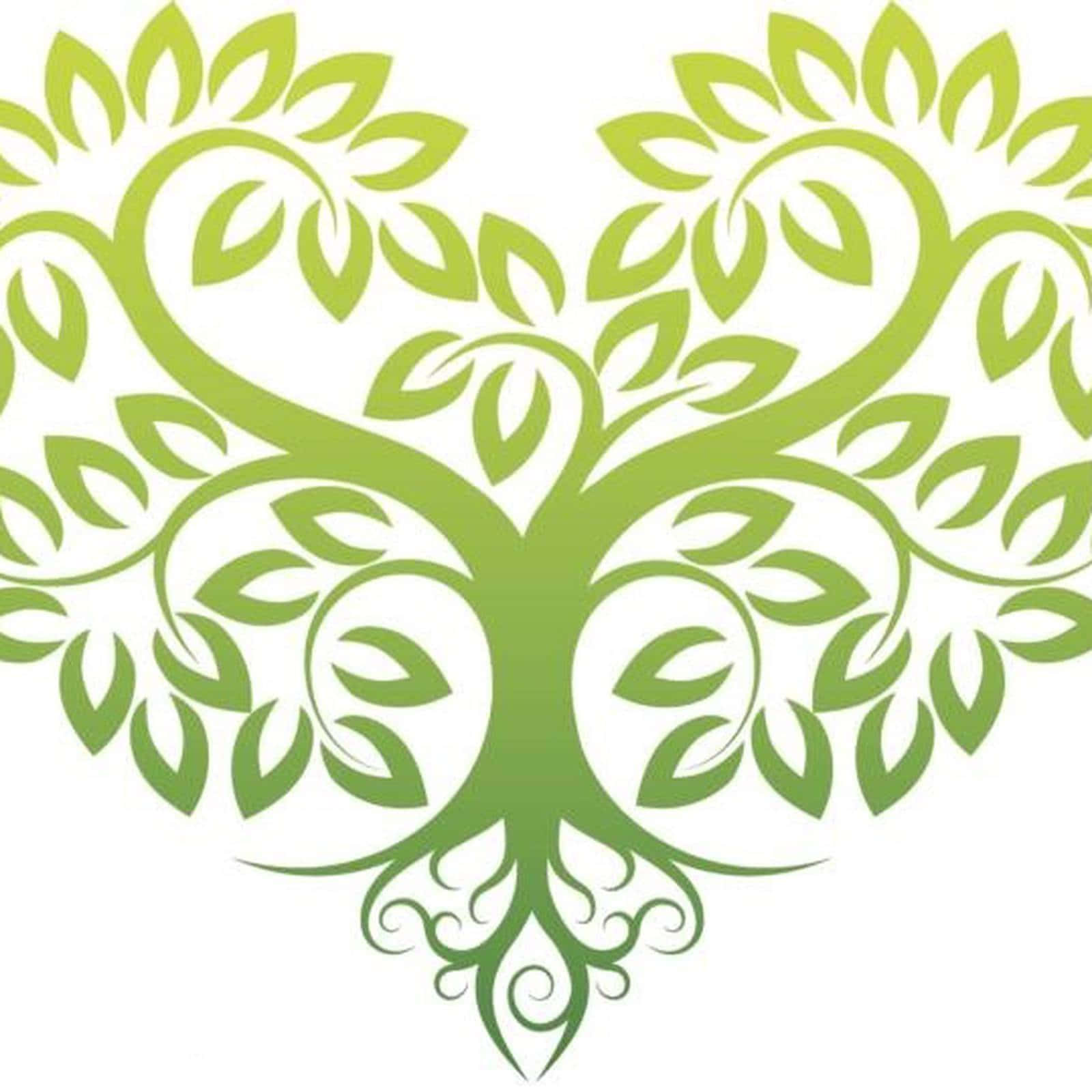 愛爾蘭 桌布 壁紙 — 一棵風格化的綠色樹木，帶有流動的樹枝和樹葉，在白色背景上形成心形。