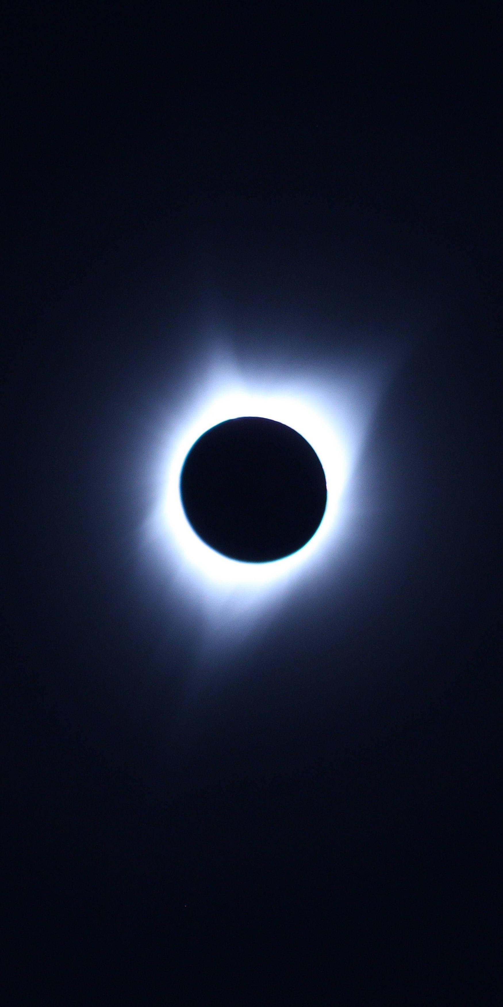 Eclipse 桌布 壁紙 — 一次日全食，明亮的白色日冕在黑色天空中圍繞著黑暗的月亮發光。