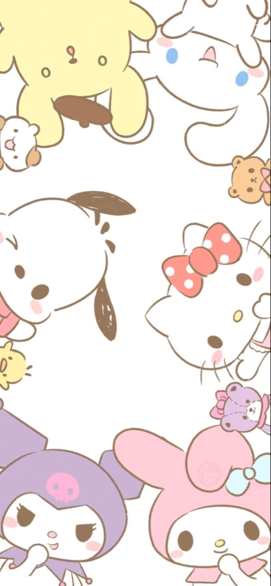 Hello Kitty And Friends 桌布 壁紙 — 一款俏皮的牆紙，以白色背景上散落著可愛的Sanrio角色，如My Melody和Kuromi。