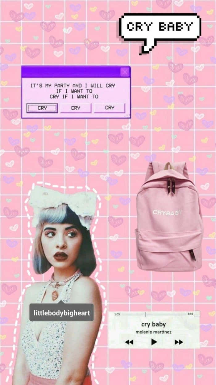 Melanie Martinez 桌布 壁紙 — 一款像素藝術風格的壁紙， featuring Melanie Martinez 帶著粉紅色背包和 'cry baby' 主題，背景為心形圖案網格。