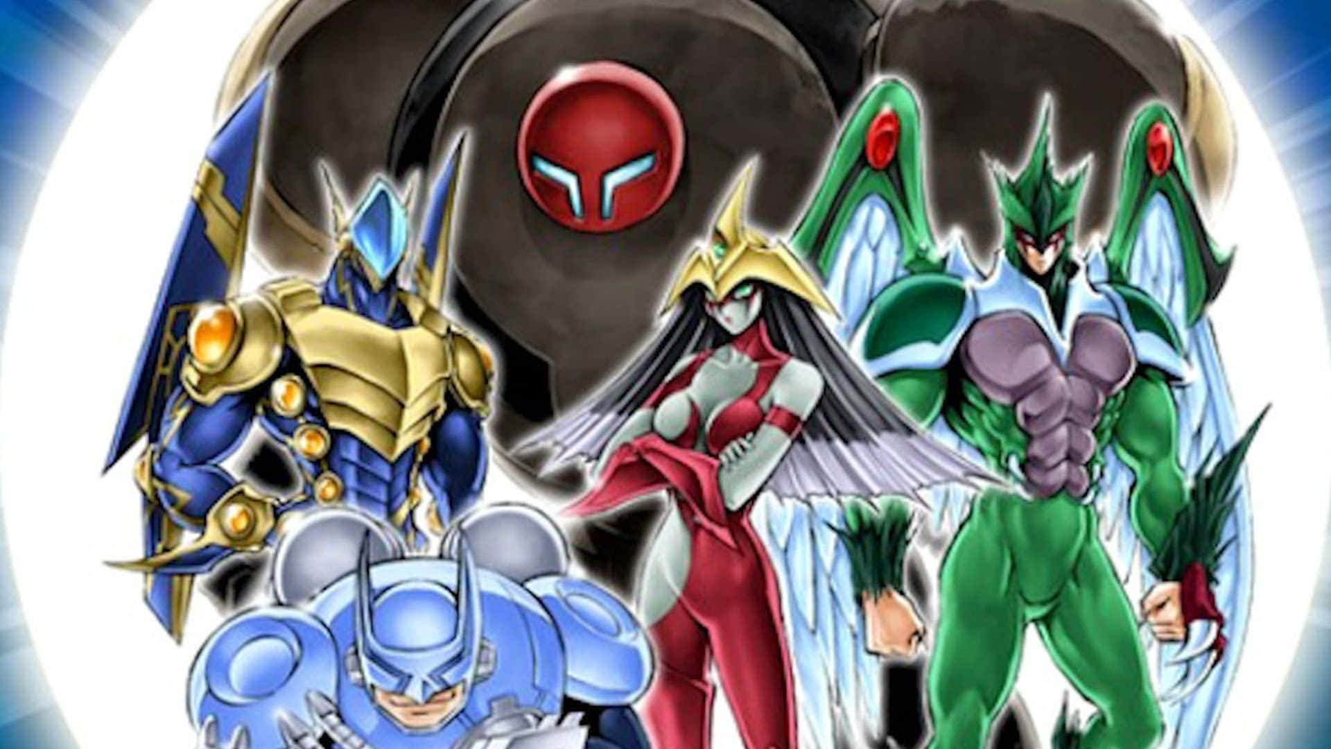 Yugioh Elemental Hero 桌布 壁紙 — 一款充滿動感的動漫風格壁紙，四位身穿彩色盔甲的英雄角色站在發光的紅色標誌前。