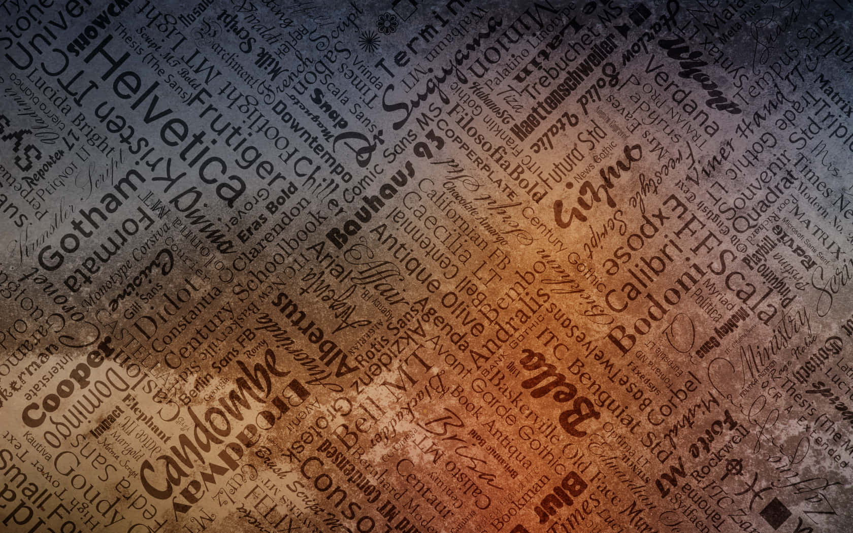Typography 桌布 壁紙 — 一款具有紋理的牆紙，特色是密集的字體拼貼和溫暖的漸變燈光。