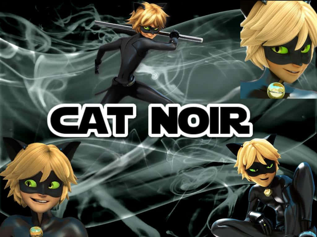 Ladybug And Cat Noir 桌布 壁紙 — 一款動感十足的動漫風格壁紙， featuring Cat Noir 以多種姿勢呈現，背景是旋轉的煙霧，並帶有粗體標題文字。