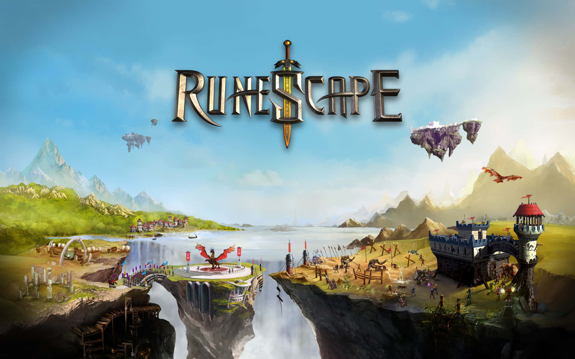 一款名為Roguescape的遊戲，背景為城堡 壁紙 — 充滿活力的奇幻景觀，包括浮島、城堡和一條在瀑布峽谷上空翱翔的龍。