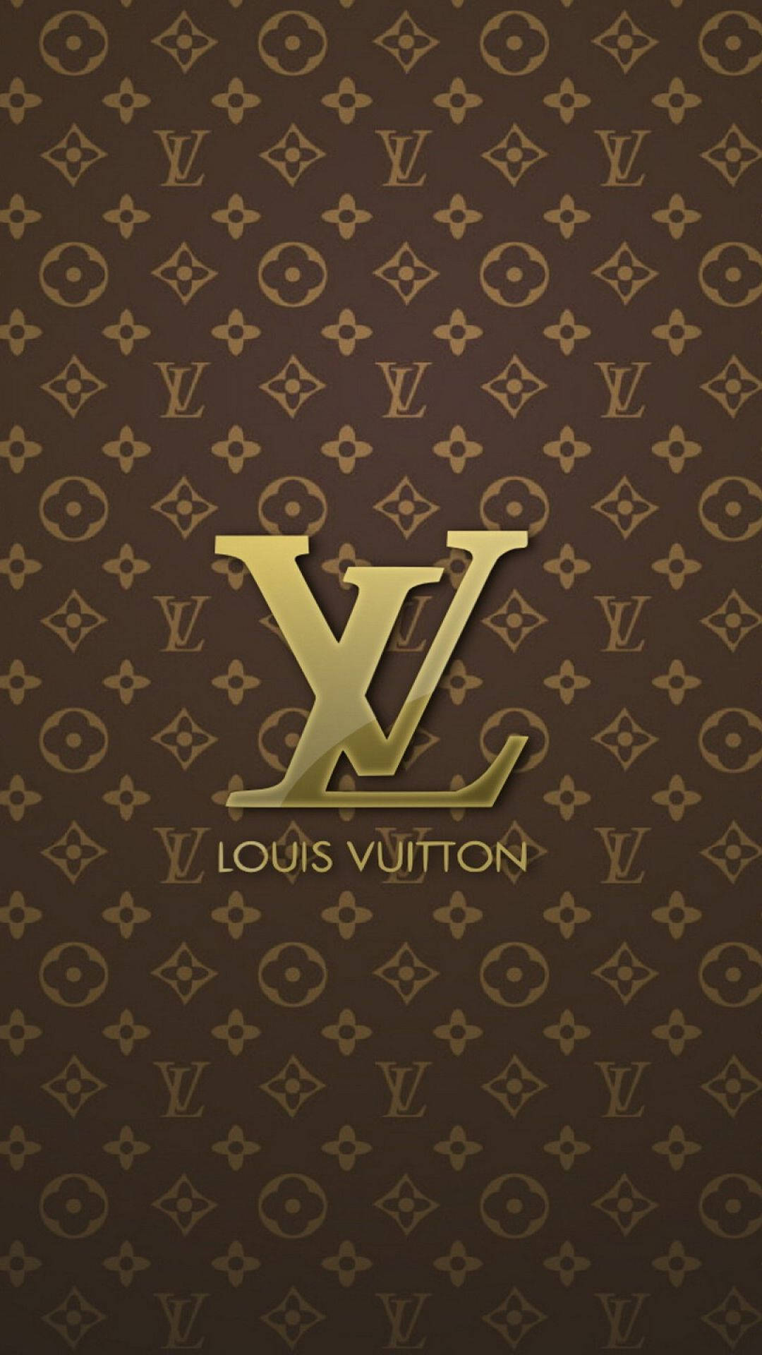 路易威登 桌布 壁紙 — 一款奢華的棕色牆紙，帶有重複的Louis Vuitton monogram圖案，中央有突出的金色LV標誌和品牌名稱。