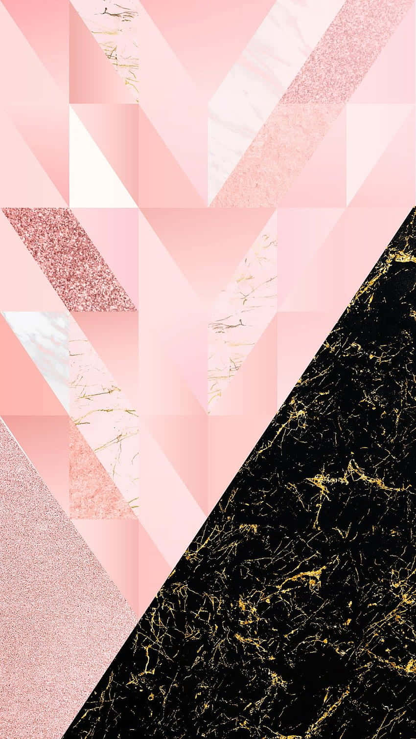 Marble Phone 桌布 壁紙 — 一款幾何壁紙，以粉紅閃粉和大理石紋理對比黑金大理石，呈對角線分割。