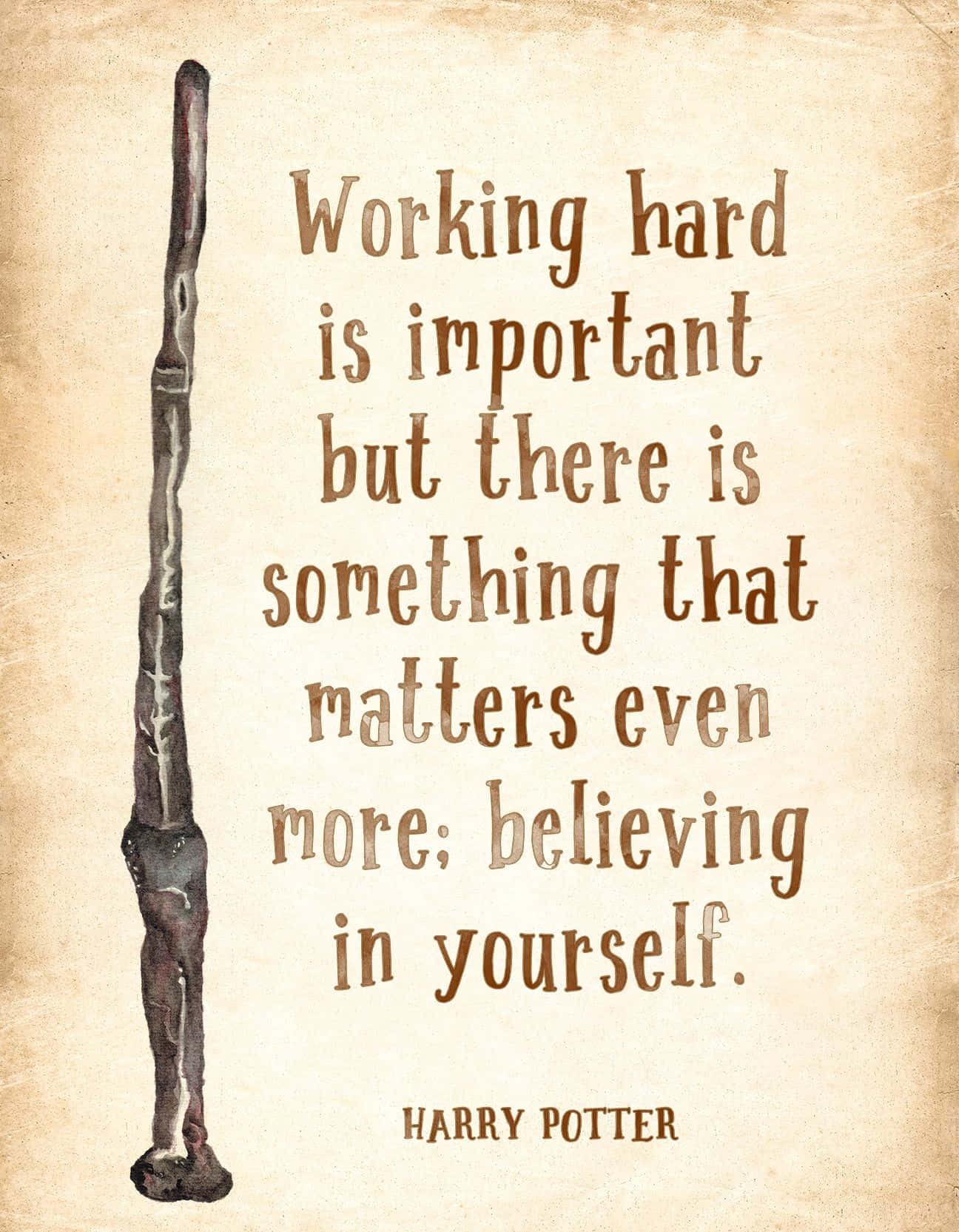 Harry Potter Quotes 桌布 壁紙 — 一款復古羊皮紙風格牆紙，上面有哈利波特的語錄和詳細的魔杖插圖。