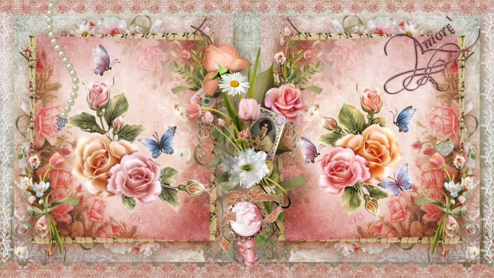 Rose Art 桌布 壁紙 — 一款復古花卉牆紙，帶有粉紅玫瑰、藍色蝴蝶和蕾絲邊框，呈現柔和浪漫色調。