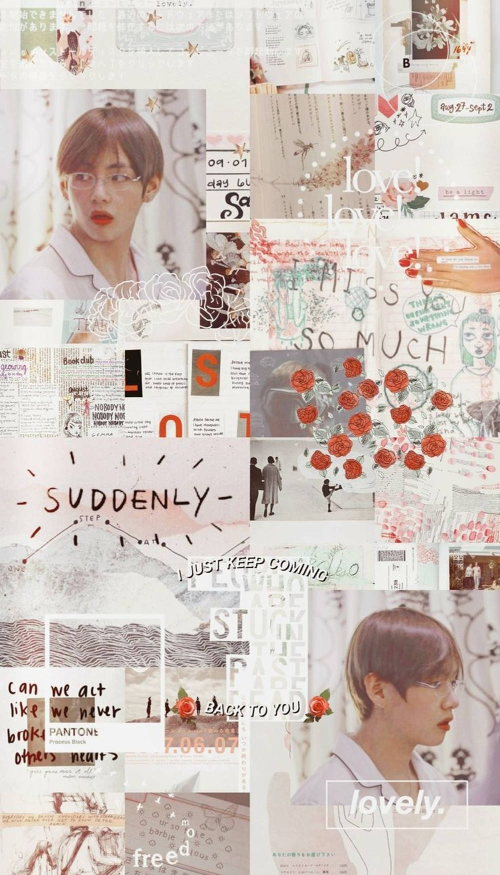 Kpop Aesthetic 桌布 壁紙 — 一款懷舊拼貼壁紙， featuring 一位戴眼鏡的年輕男子、手寫筆記、紅玫瑰和復古美學元素。