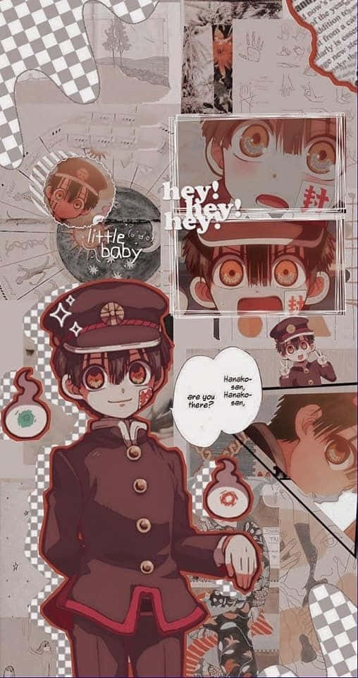 花子君 桌布 壁紙 — 一款拼貼風格動漫牆紙，描繪一位穿著制服、紅眼及格紋圖案的男孩，周圍環繞漫畫格子和手寫文字。