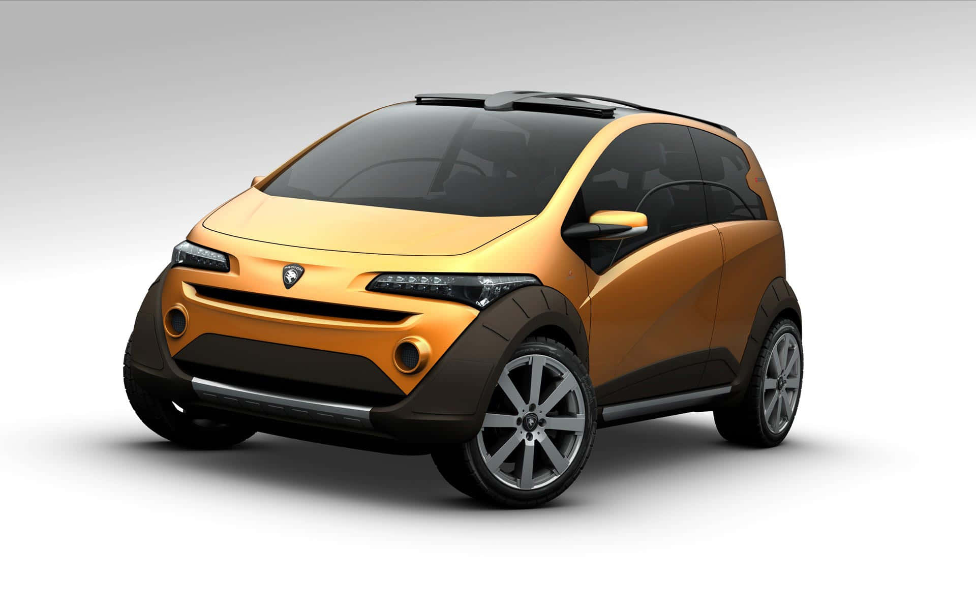 Proton 桌布 壁紙 — 一款時尚未來感十足的橙色緊湊型汽車，帶有黑色裝飾和銀色輪圈，置於純白色背景前。