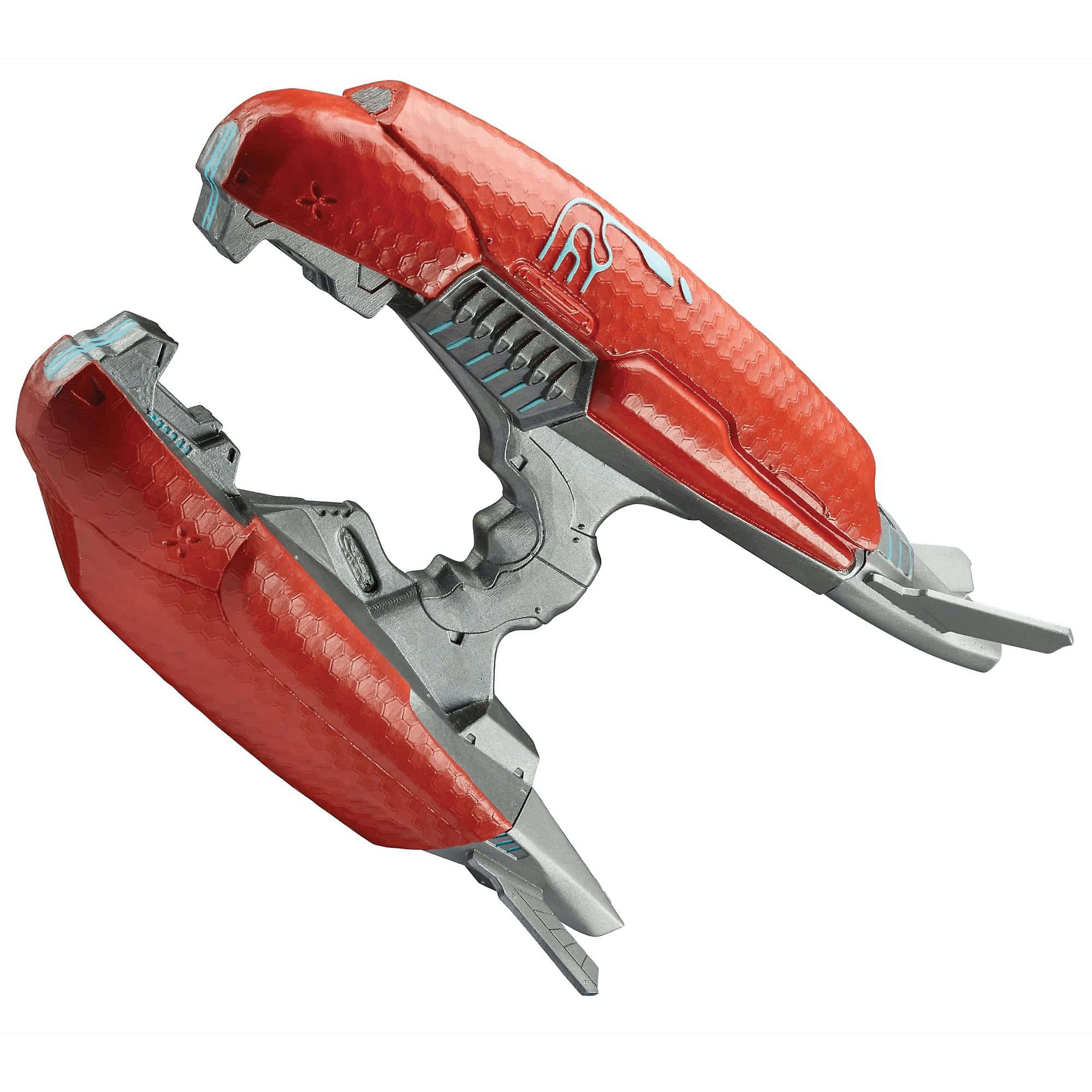Plasma Rifle 桌布 壁紙 — 一款時尚的紅色和銀色未來感武器，帶有紋理面板和發光藍色點綴，孤立在白色背景上。