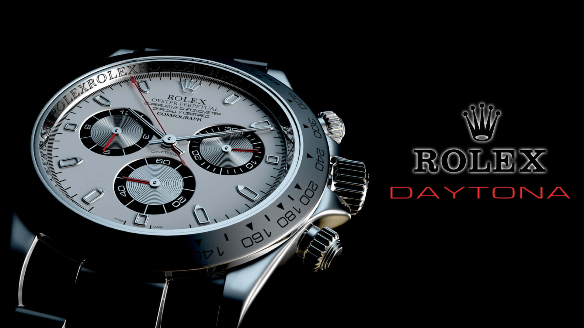 Rolex 桌布 壁紙 — 一款時尚的銀色勞力士Daytona計時碼錶，帶有紅色點綴，在黑色背景上與品牌標誌一起閃耀。
