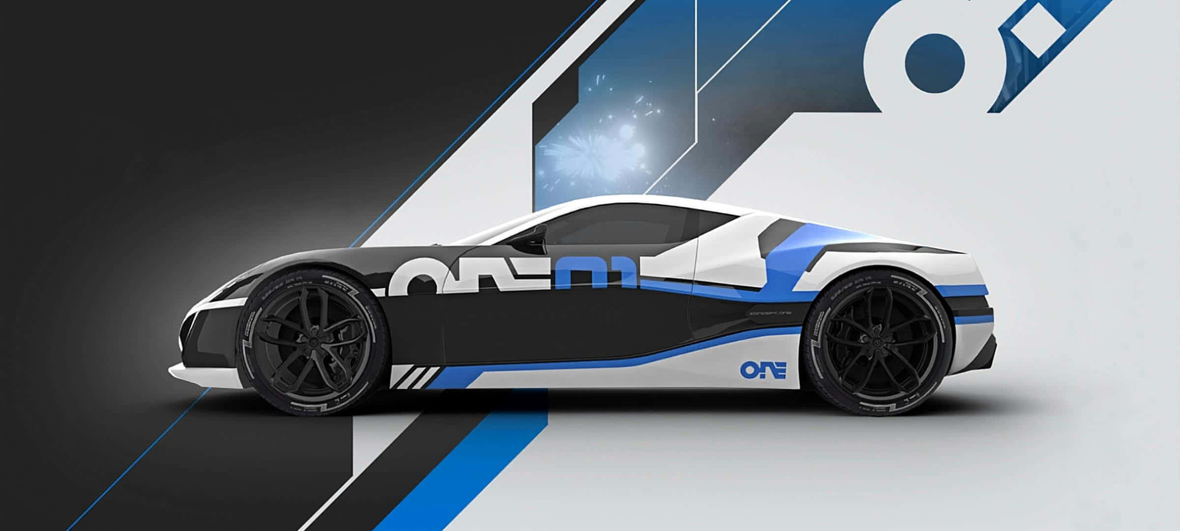 Rimac 桌布 壁紙 — 一款時尚的黑色、白色和藍色跑車，帶有「ORE」品牌標誌，在帶有發光裝飾的動態幾何背景前展示。