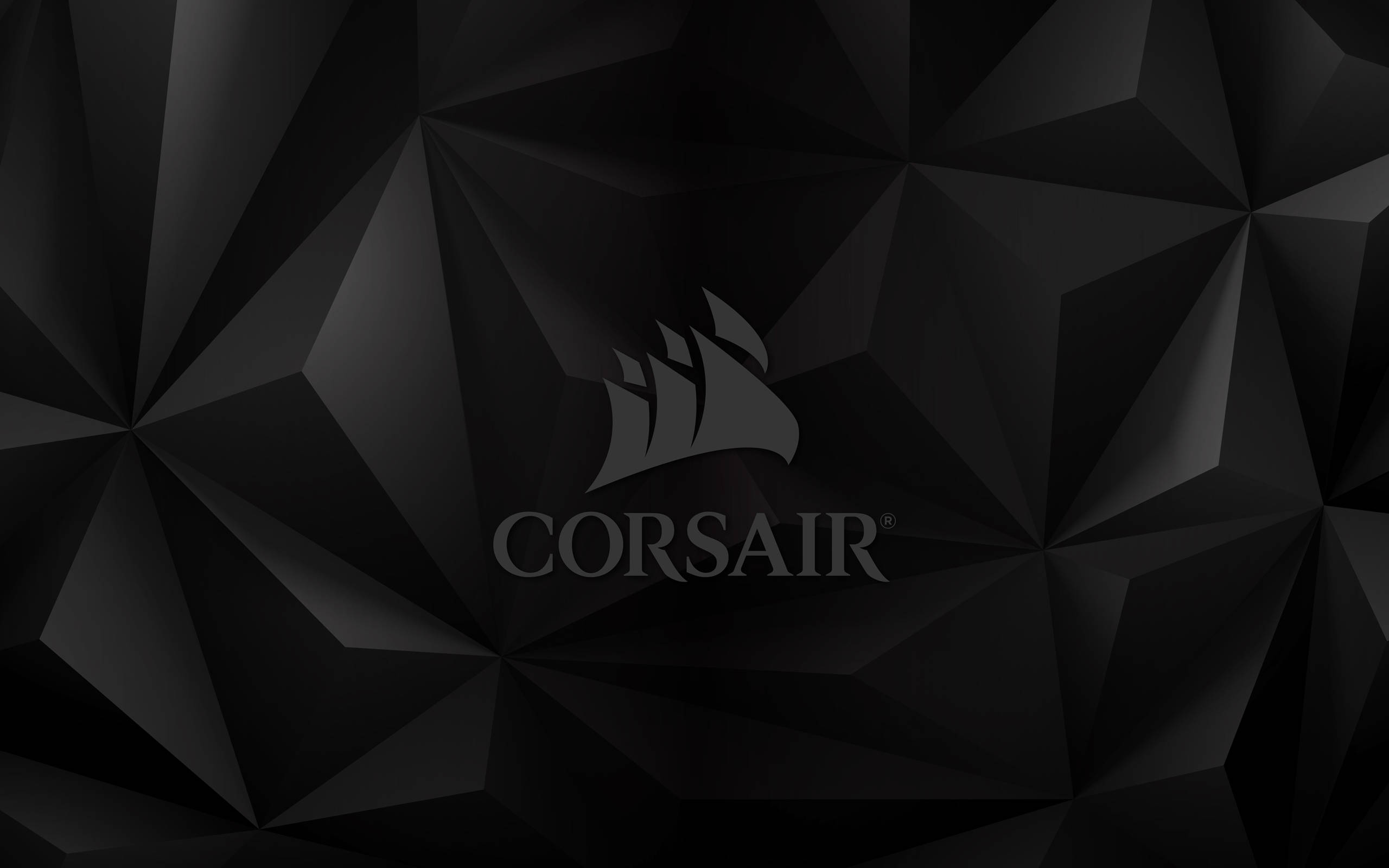 Gamer Logo 桌布 壁紙 — 一款時尚的黑色幾何牆紙，Corsair 標誌居中，背景為低多邊形紋理。