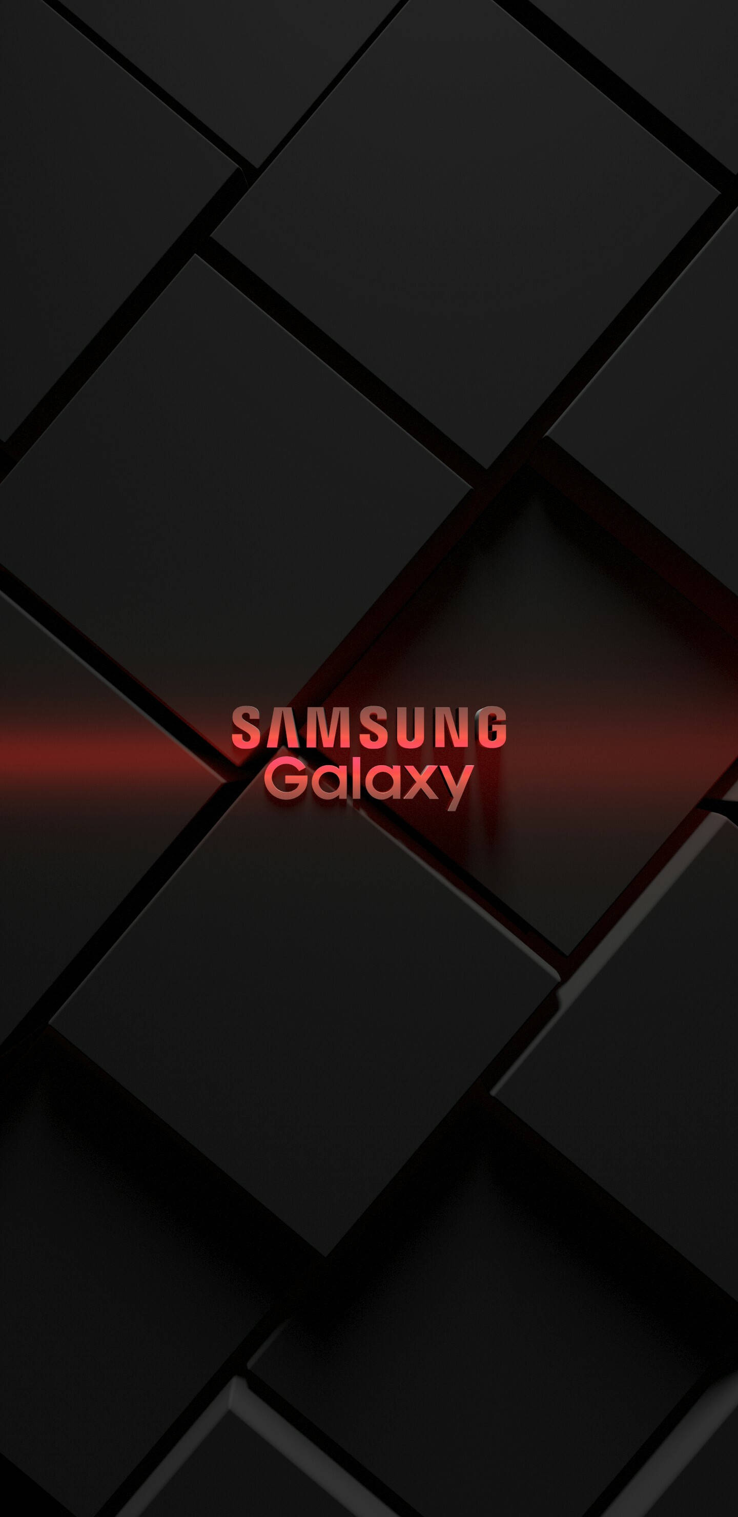 幾何 桌布 壁紙 — 一款時尚的黑色幾何牆紙，中央帶有發光的紅色Samsung Galaxy文字，置於3D瓷磚圖案上。