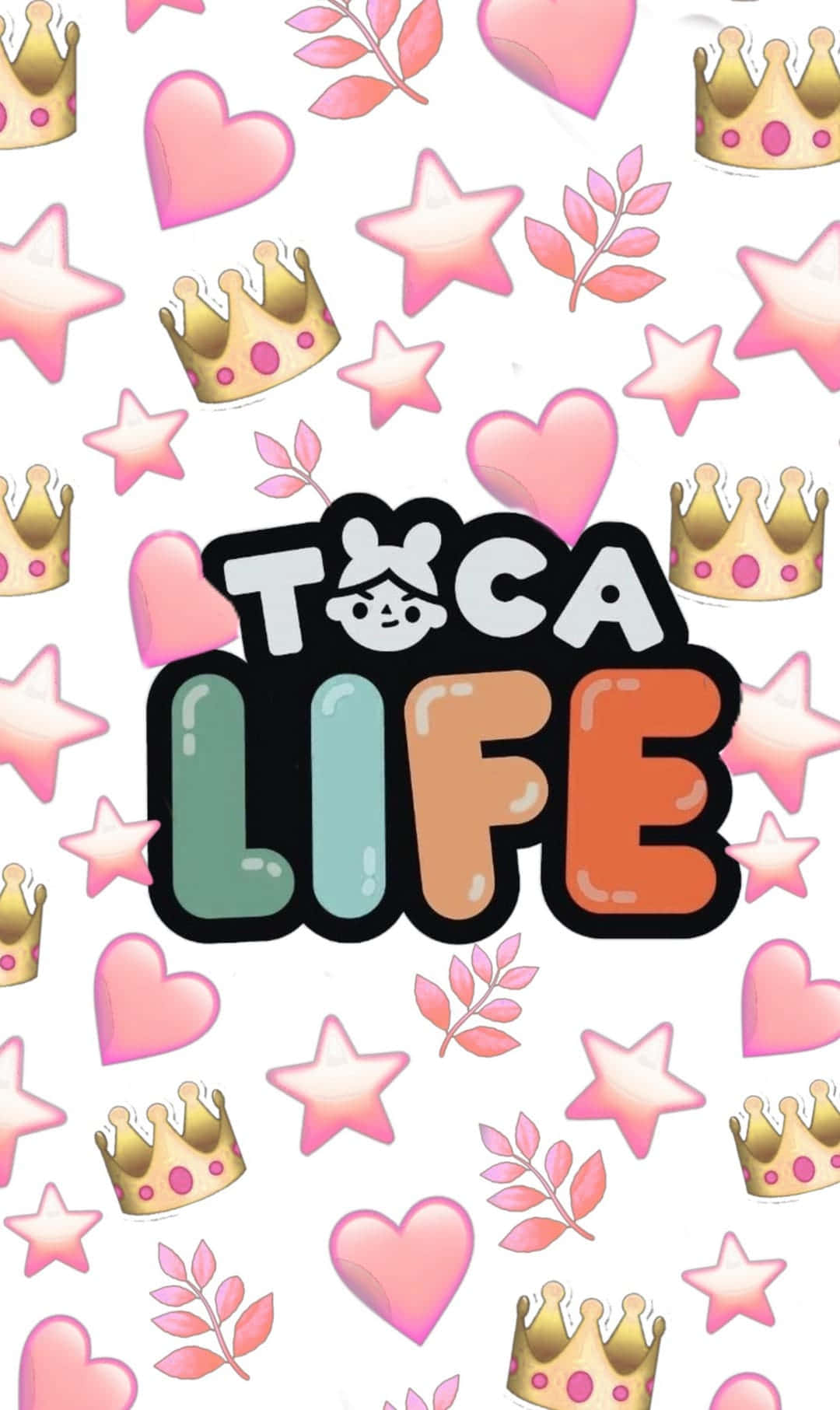 toca boca 桌布 壁紙 — 一款有趣的牆紙，以白色背景襯托Toca Life標誌，周圍環繞著粉紅色心形、星星、皇冠和葉子。