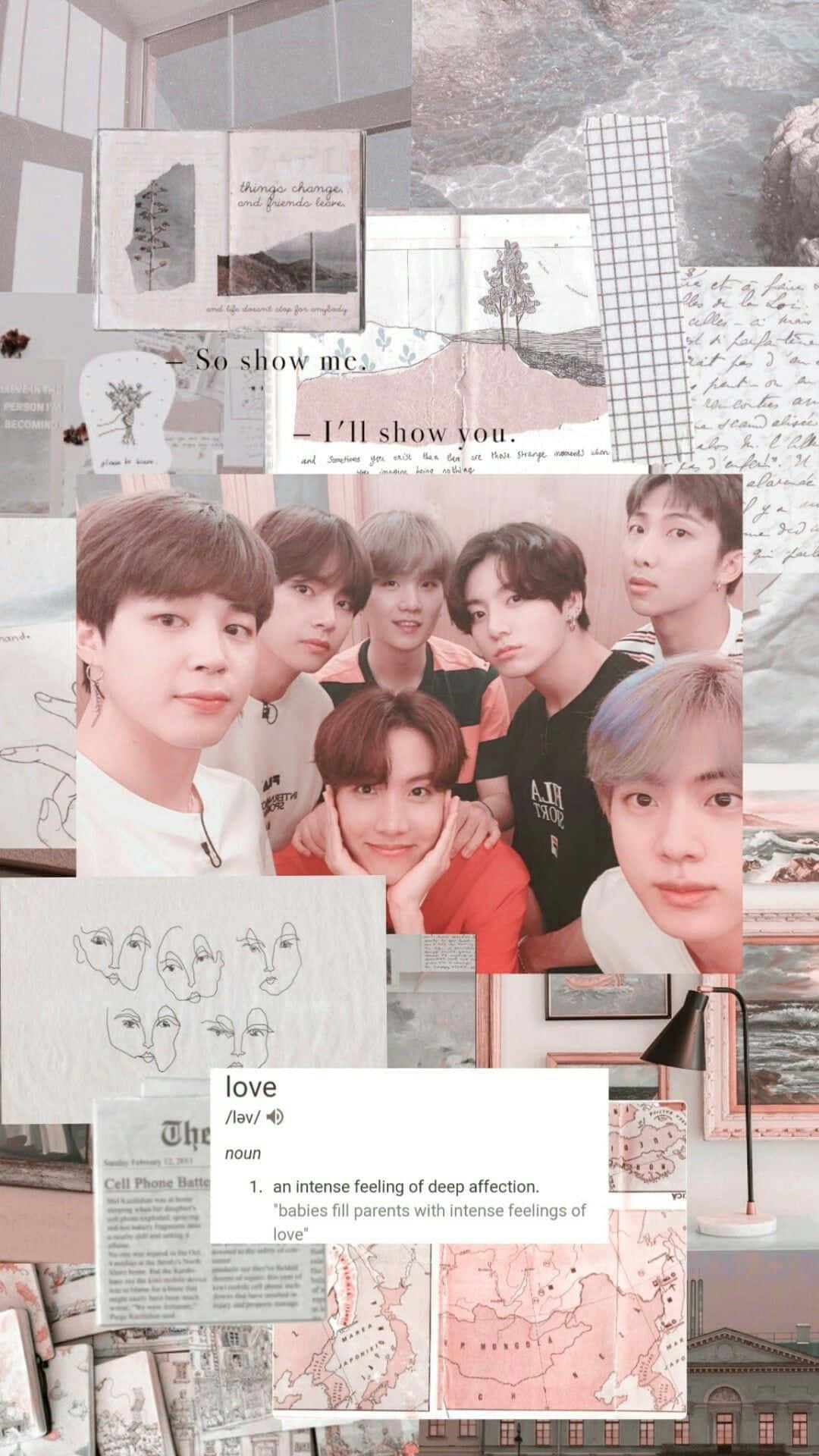 Aesthetic Korean 桌布 壁紙 — 一款柔和粉紅與米色拼貼牆紙，以夢幻美學呈現BTS成員、手寫筆記、地圖和素描。