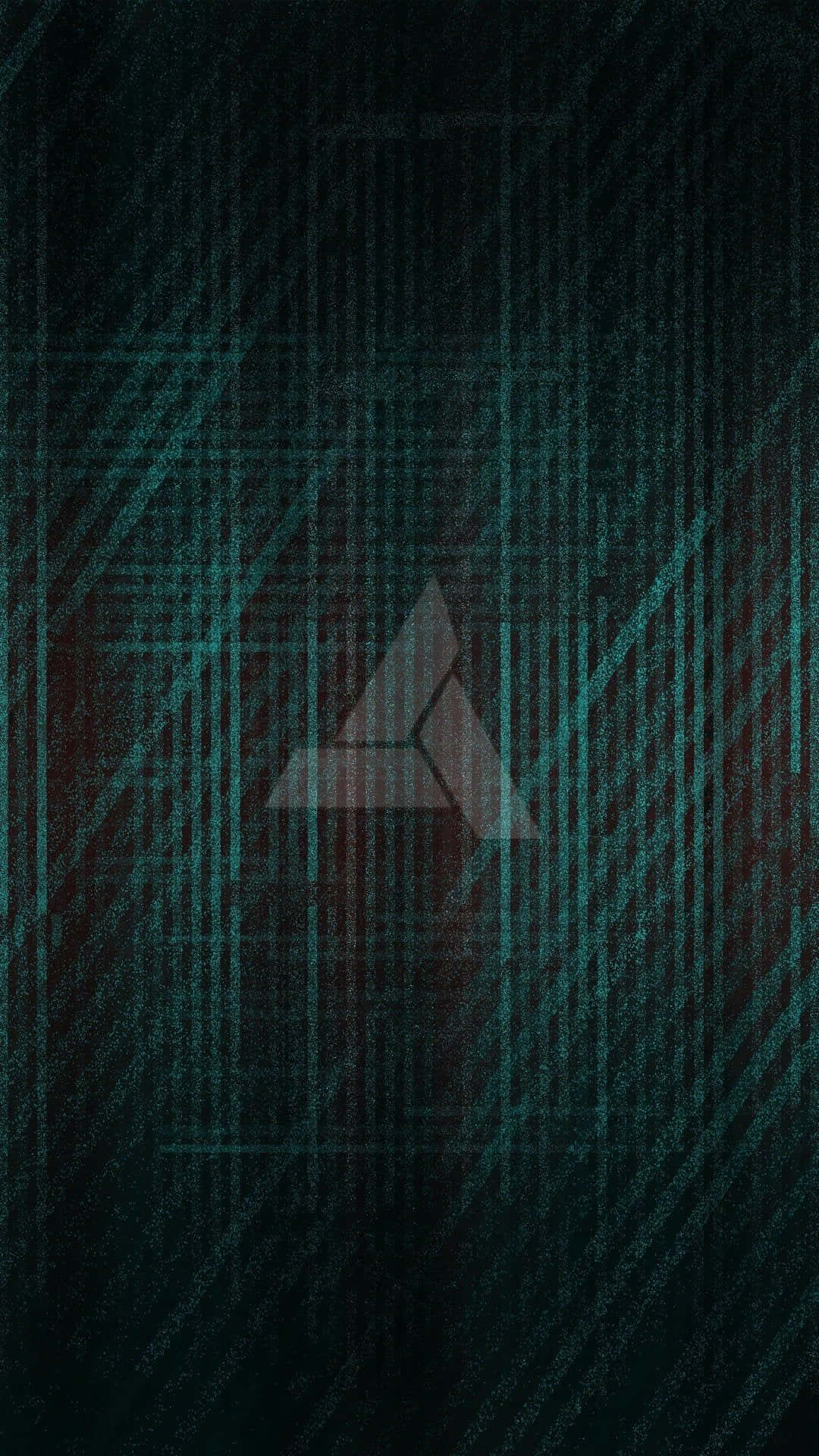 Abstergo 桌布 壁紙 — 一款極簡抽象壁紙，中央三角形標誌位於深藍綠色和黑色紋理背景上，帶有對角線條紋。