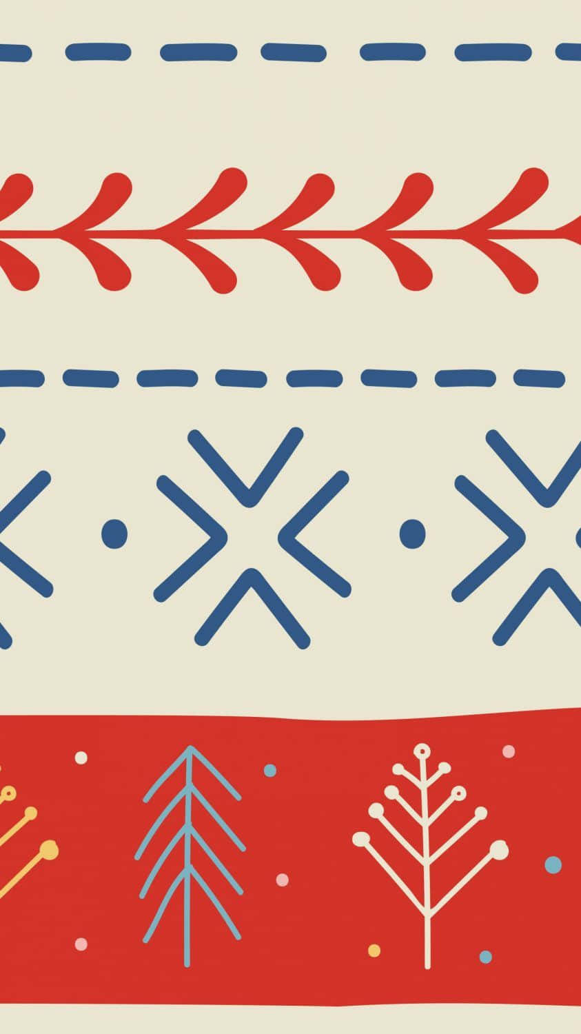 Winter Phone 桌布 壁紙 — 一款節日圖案牆紙，在奶油色背景上帶有紅色和藍色的幾何形狀及風格化樹木。