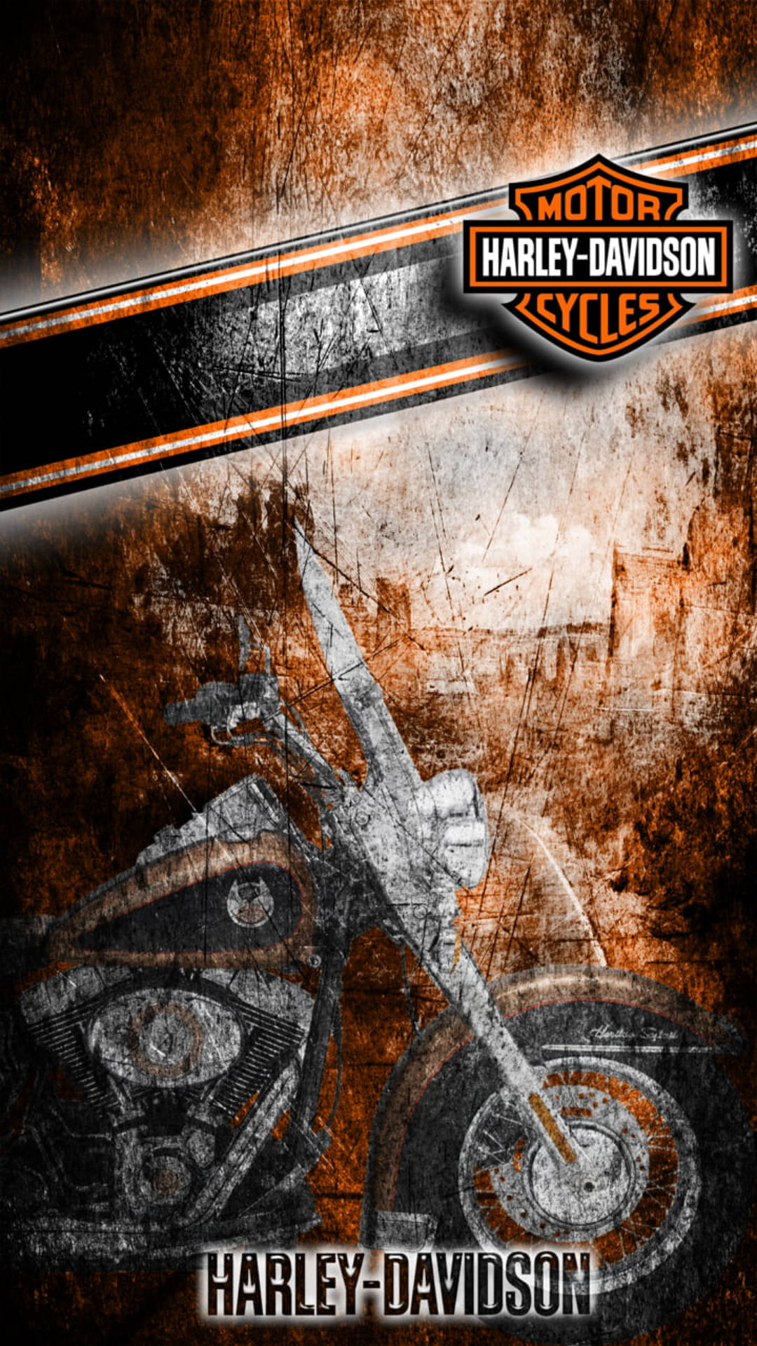 Harley Davidson 標誌 桌布 壁紙 — 一款粗糙紋理的牆紙，以生鏽的橙色和黑色背景為襯托，展示了一輛帶有標誌性標誌的復古哈雷戴維森摩托車。