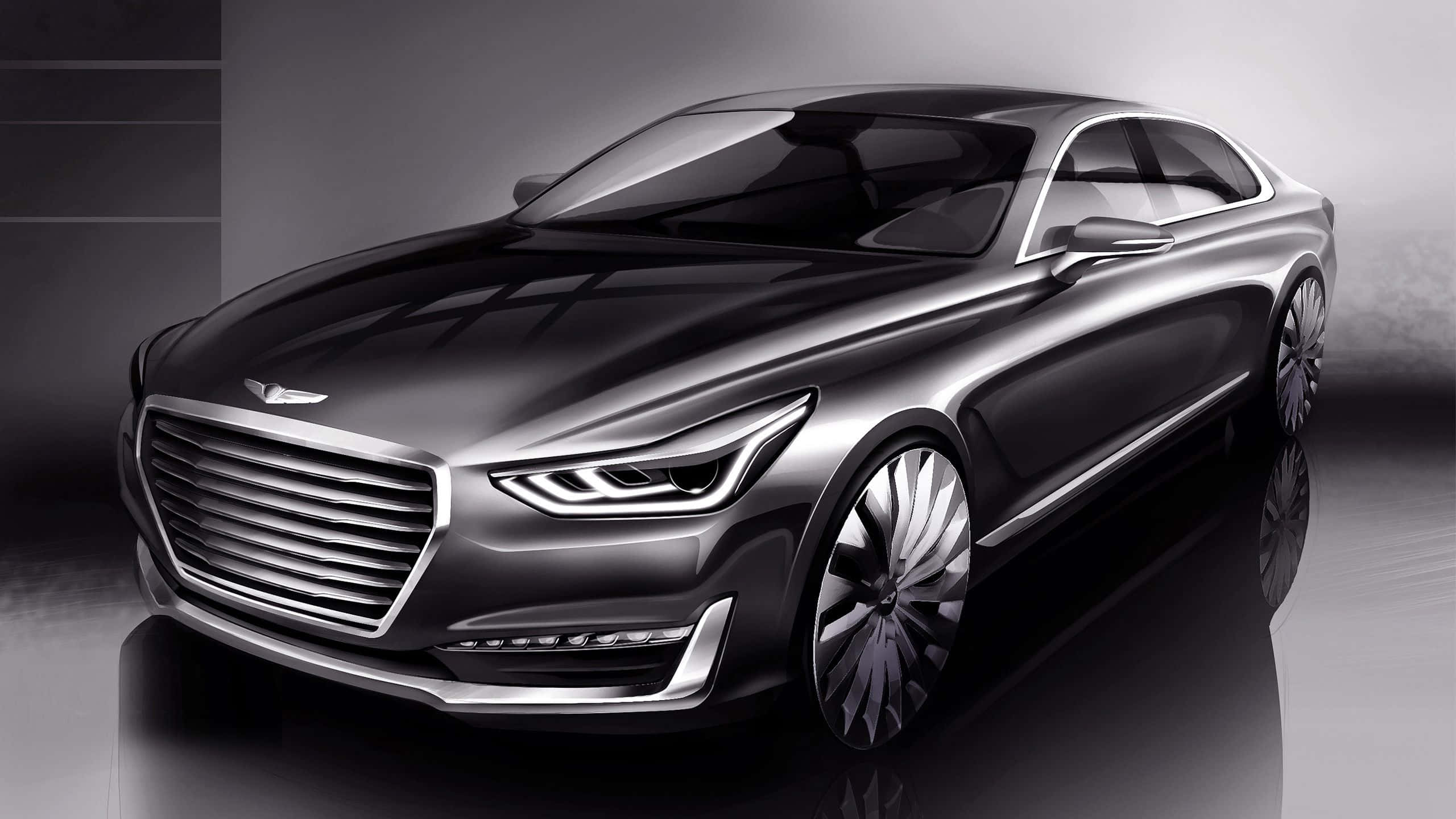 Genesis G90 桌布 壁紙 — 一款線條銳利、車頭燈發光的時尚未來感銀色轎車，在極簡風格的攝影棚環境中展示。