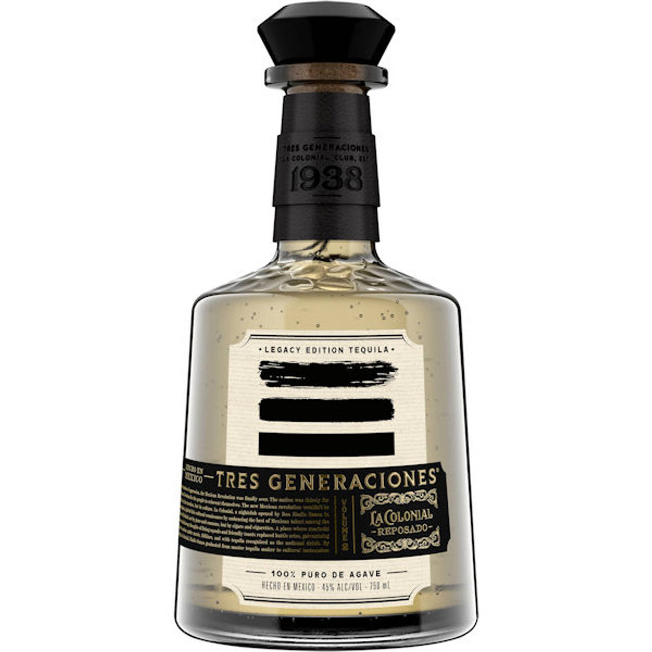 Tres Generaciones La Colonial Reposado 壁紙 — 一款纖細的Tres Generaciones Legacy Edition龍舌蘭酒瓶，帶有黑色點綴和金色字體，背景為白色。