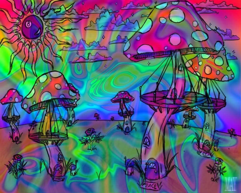 幻想場景，有巨大的蘑菇和多彩的太陽，在迷幻的景觀中。