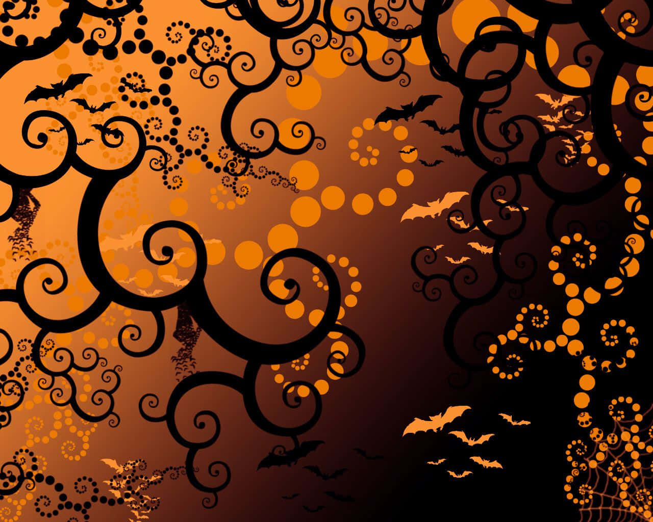 Orange Halloween 桌布 壁紙 — 一款萬聖節主題的壁紙，帶有旋轉的黑色藤蔓、飛翔的蝙蝠和橙色圓點，背景為橙棕色漸變。