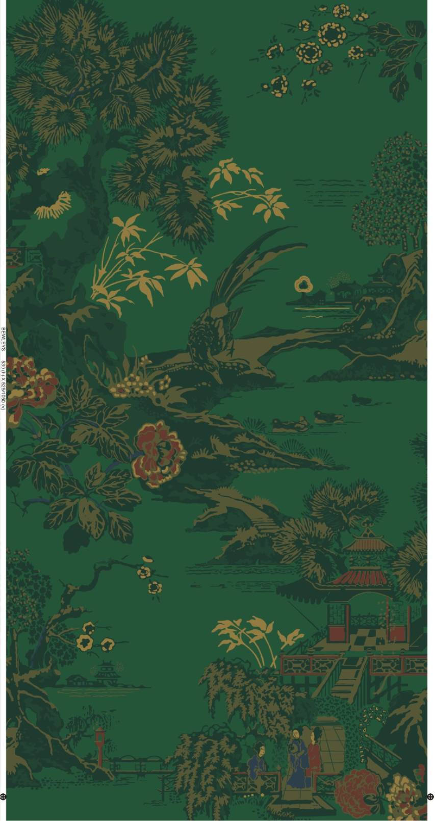 自然 桌布 壁紙 — 一款豐富的綠色牆紙，帶有金色和紅色的花卉圖案，以及傳統東亞風景場景，包括寶塔和人物。