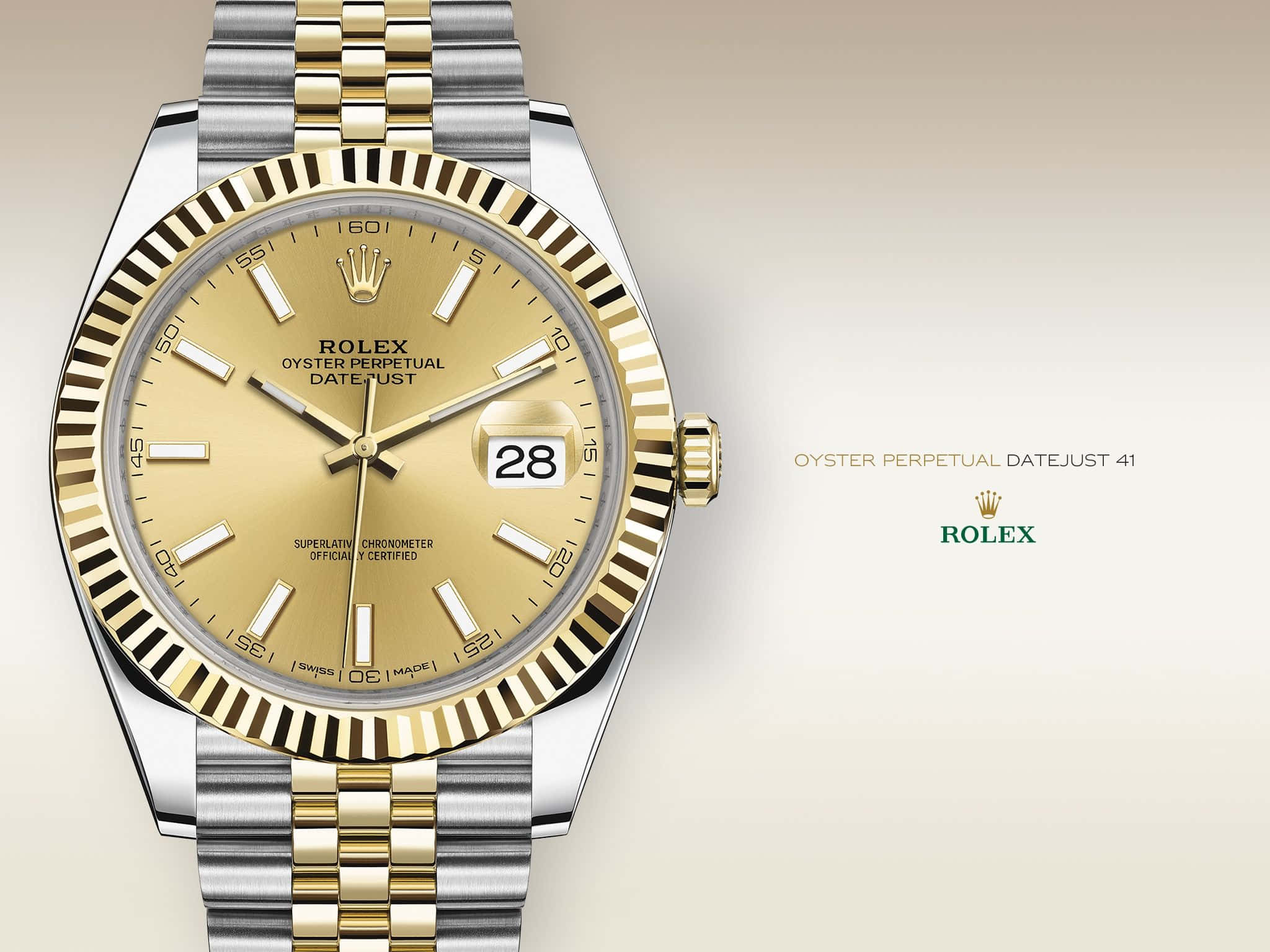 Rolex 桌布 壁紙 — 一款豪華的勞力士 Oyster Perpetual Datejust 41 手錶，配備金鋼錶帶，背景為柔和米色漸變。