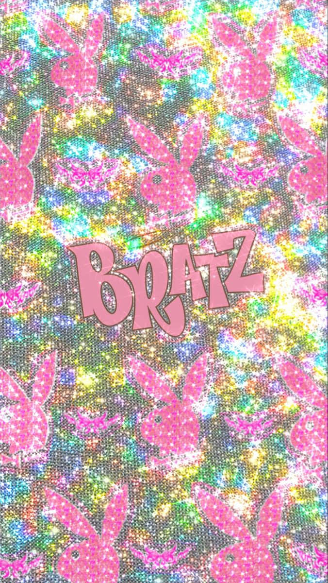 2000s 桌布 壁紙 — 一款閃亮牆紙，上面有粉紅色 Bratz 標誌和兔子剪影，背景是彩虹閃粉。