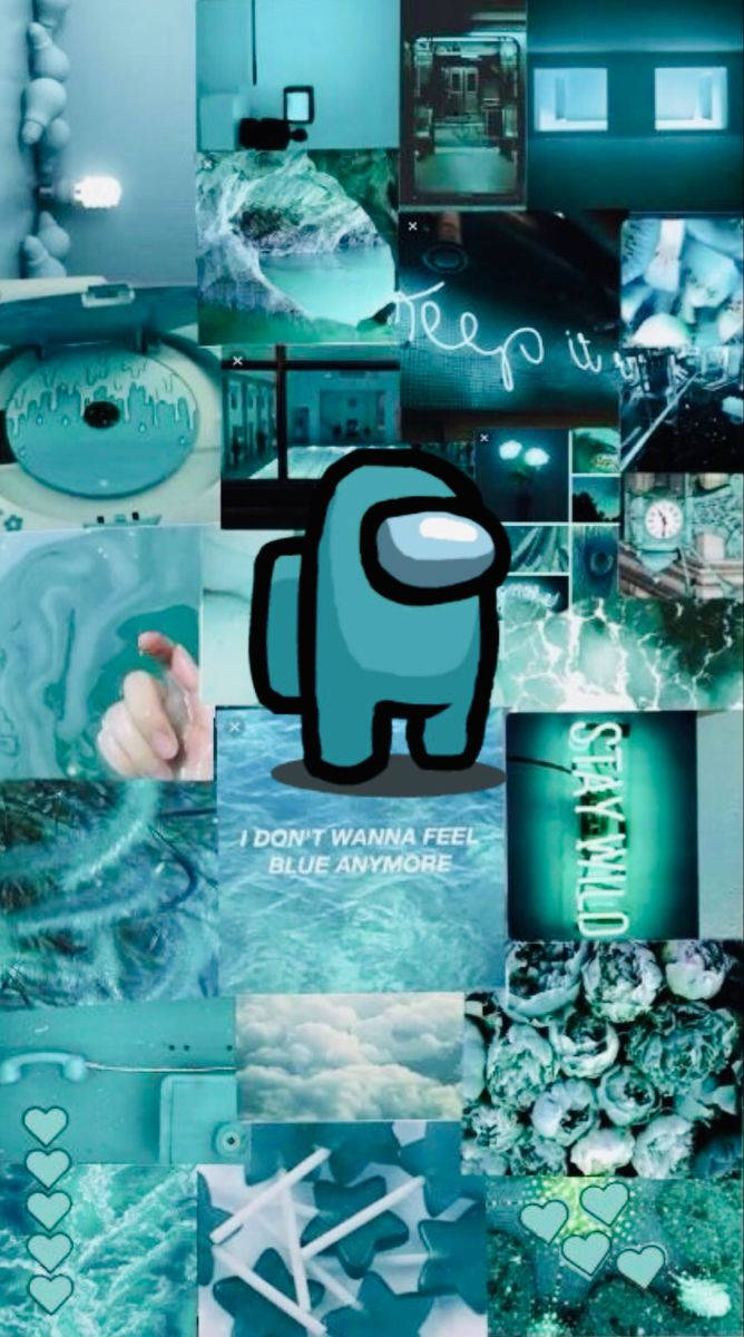 Among US 桌布 壁紙 — 一款青綠色色調的拼貼牆紙， featuring Among Us 角色，周圍環繞著抽象紋理和故障數碼圖像。