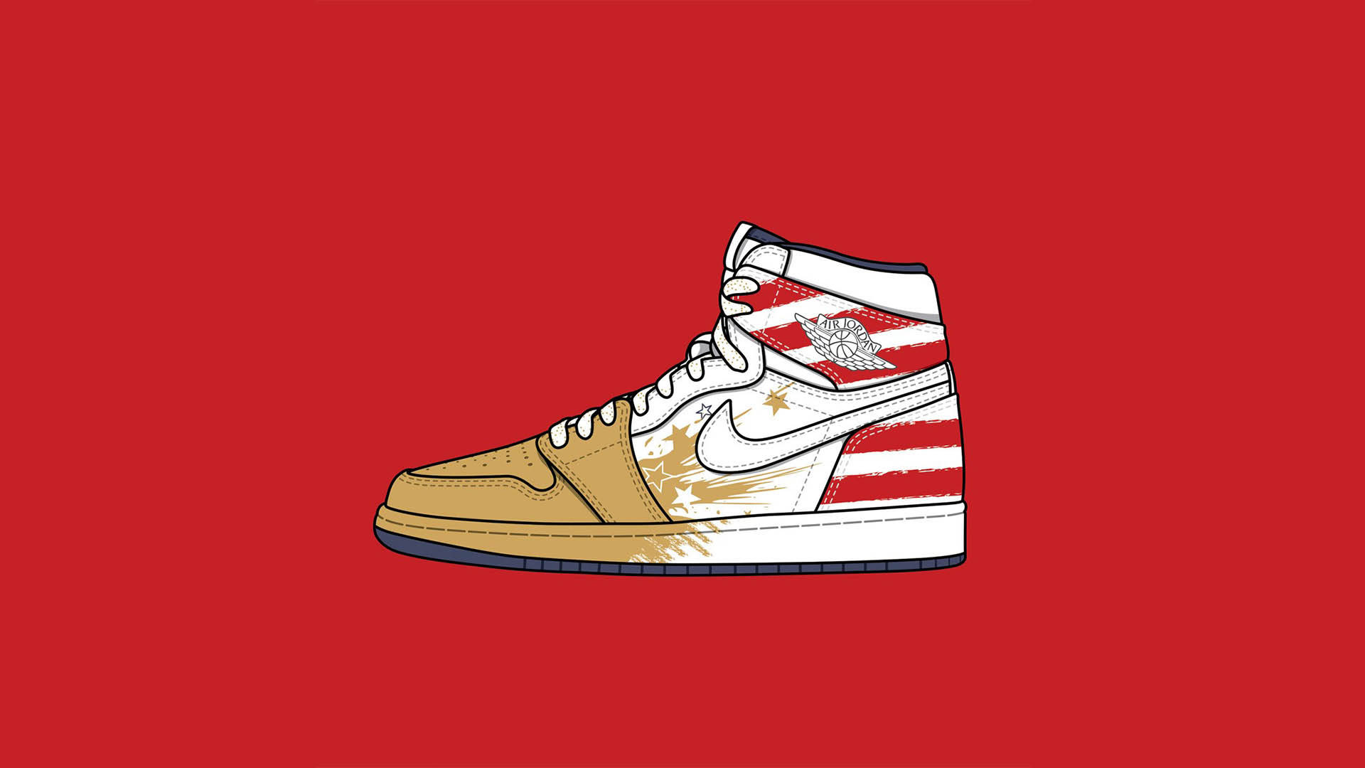 Nike Air Jordan 1 桌布 壁紙 — 一款風格化的高筒運動鞋，帶有紅、白、金條紋和Nike勾勾，背景為純紅色。