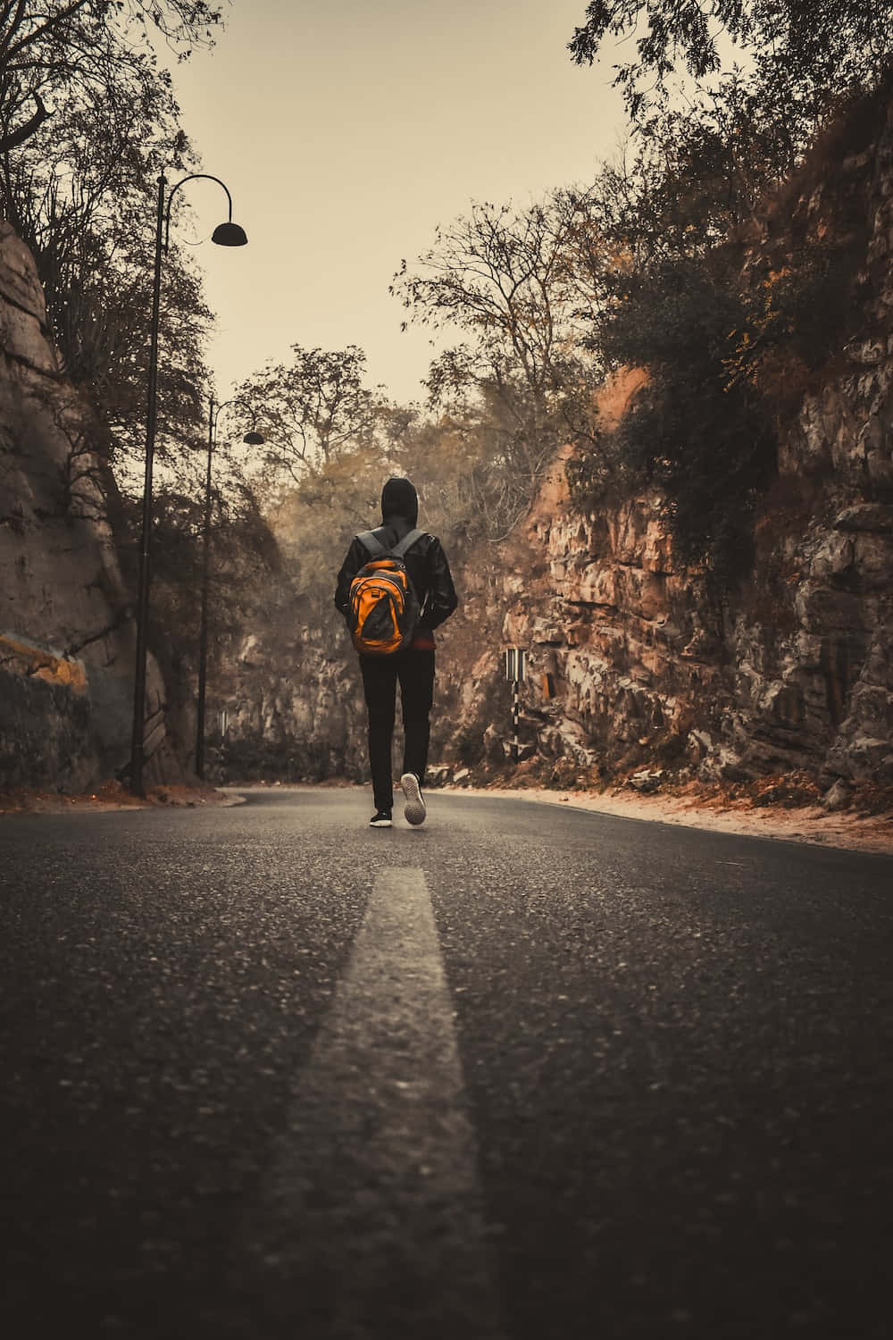 一步一步，邁向未來的旅程 壁紙 — 一個孤獨的旅行者背着橙色背包，沿着蜿蜒的山路行走，兩旁是岩石峭壁和稀疏的樹木，天空朦朧。