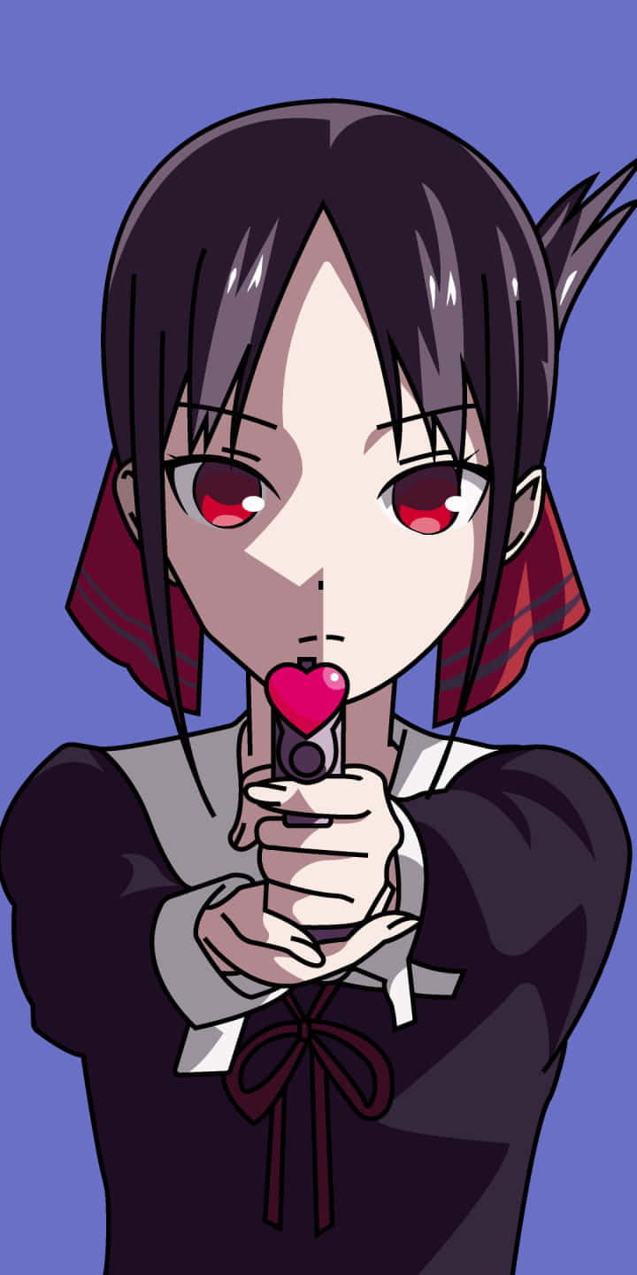 紅眼動漫女孩手持心形槍。