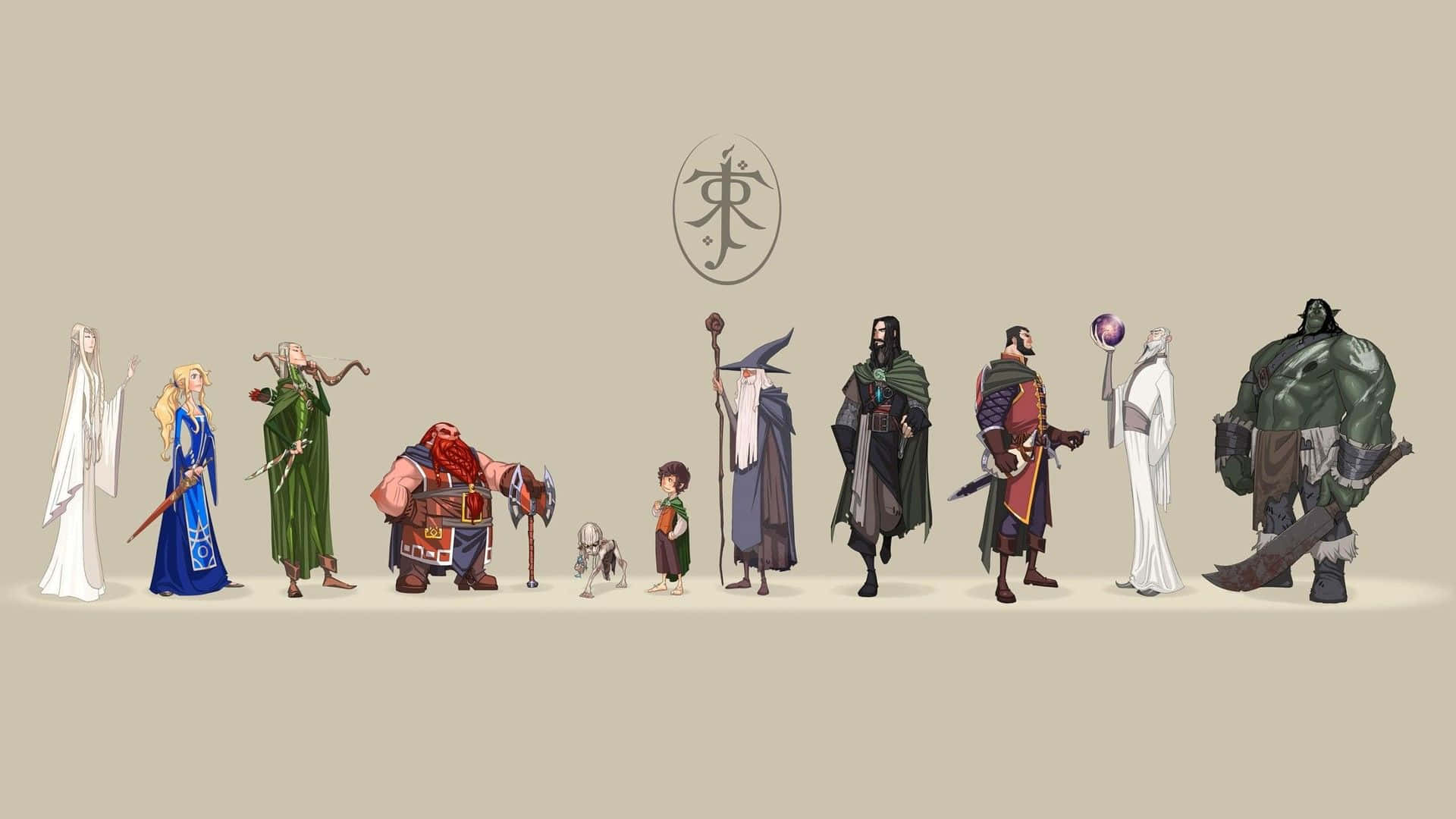 一排奇幻角色，包括精靈、矮人和巫師。