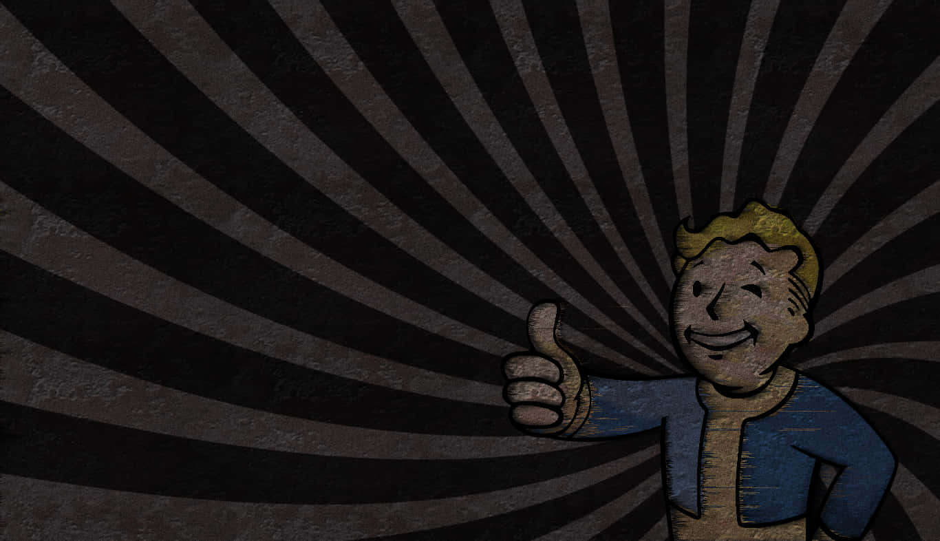 「一段難忘的旅程」 壁紙 — 一個開心的卡通Vault Boy在黑暗的放射條紋背景前豎起大拇指。