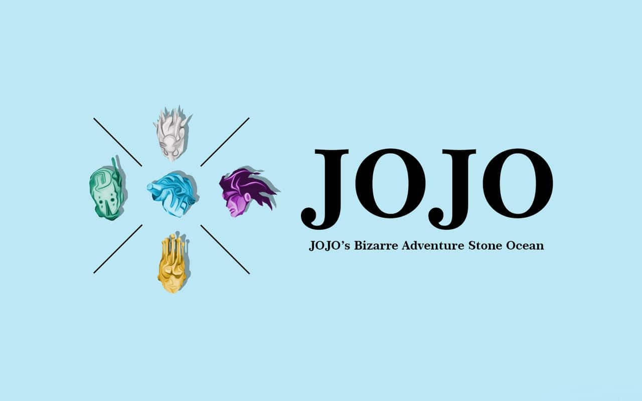 一段難忘的旅程：開始《JoJo的奇妙冒險》 壁紙 — 五個風格化的動漫角色頭像以鮮豔色彩排列在粗體「JOJO」標誌周圍，背景為淺藍色。